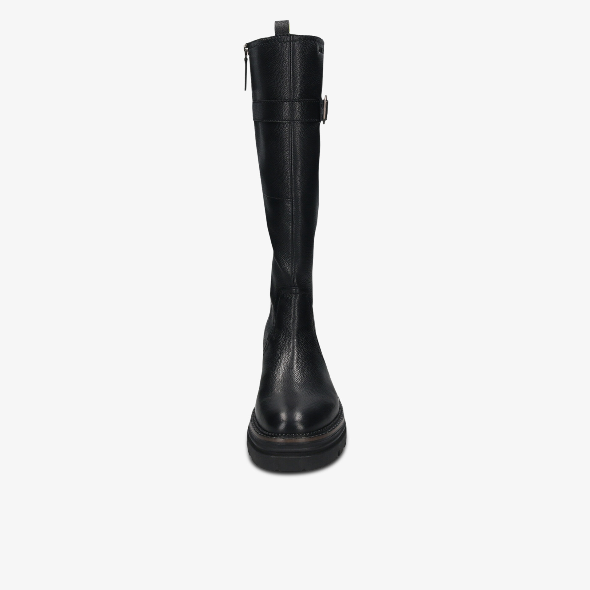 Schwarzer hoher Stiefel aus Leder mit Reißverschluss und robustem Absatz, klare Frontansicht