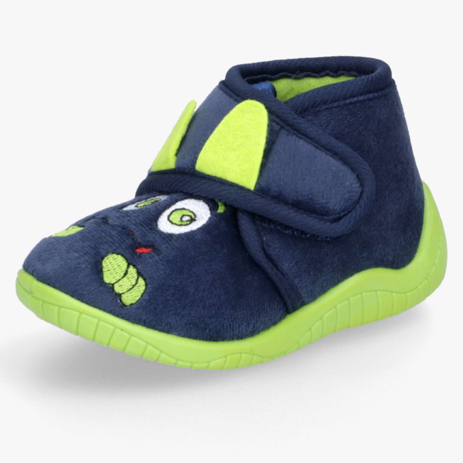 Bequemer Kinderhausschuh in Dunkelblau mit grünem Profil und gepolstertem Klettverschluss, rutschfeste grüne Sohle