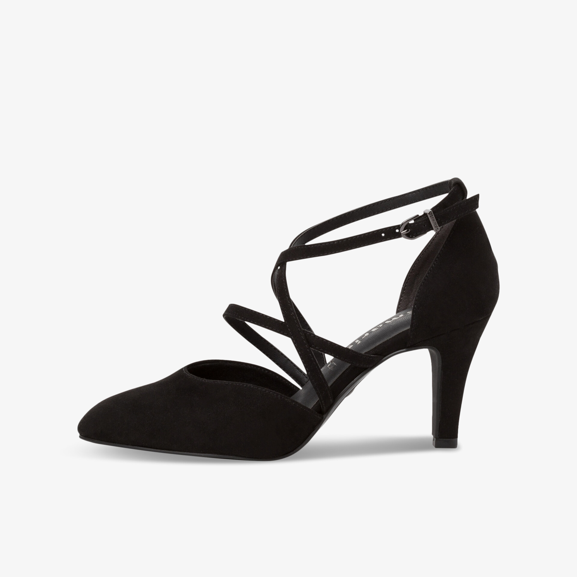 Elegante schwarze Wildlederpumps mit Kreuzriemen und mittelhohem Absatz, perfekt für stilvolle Anlässe.