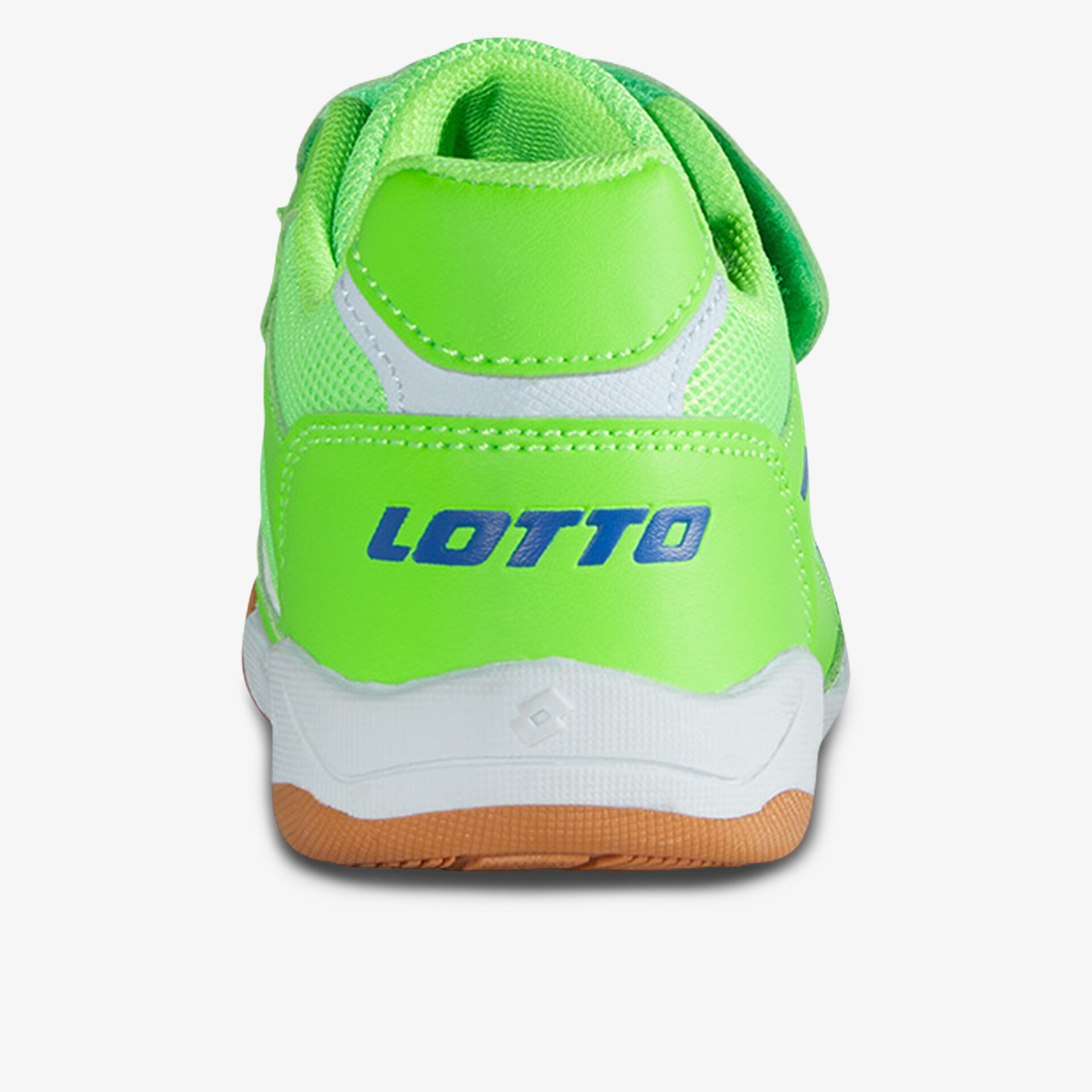 Grüner Sportschuh von hinten mit Lotto-Logo, rutschfester Sohle und gepolstertem Fersenbereich