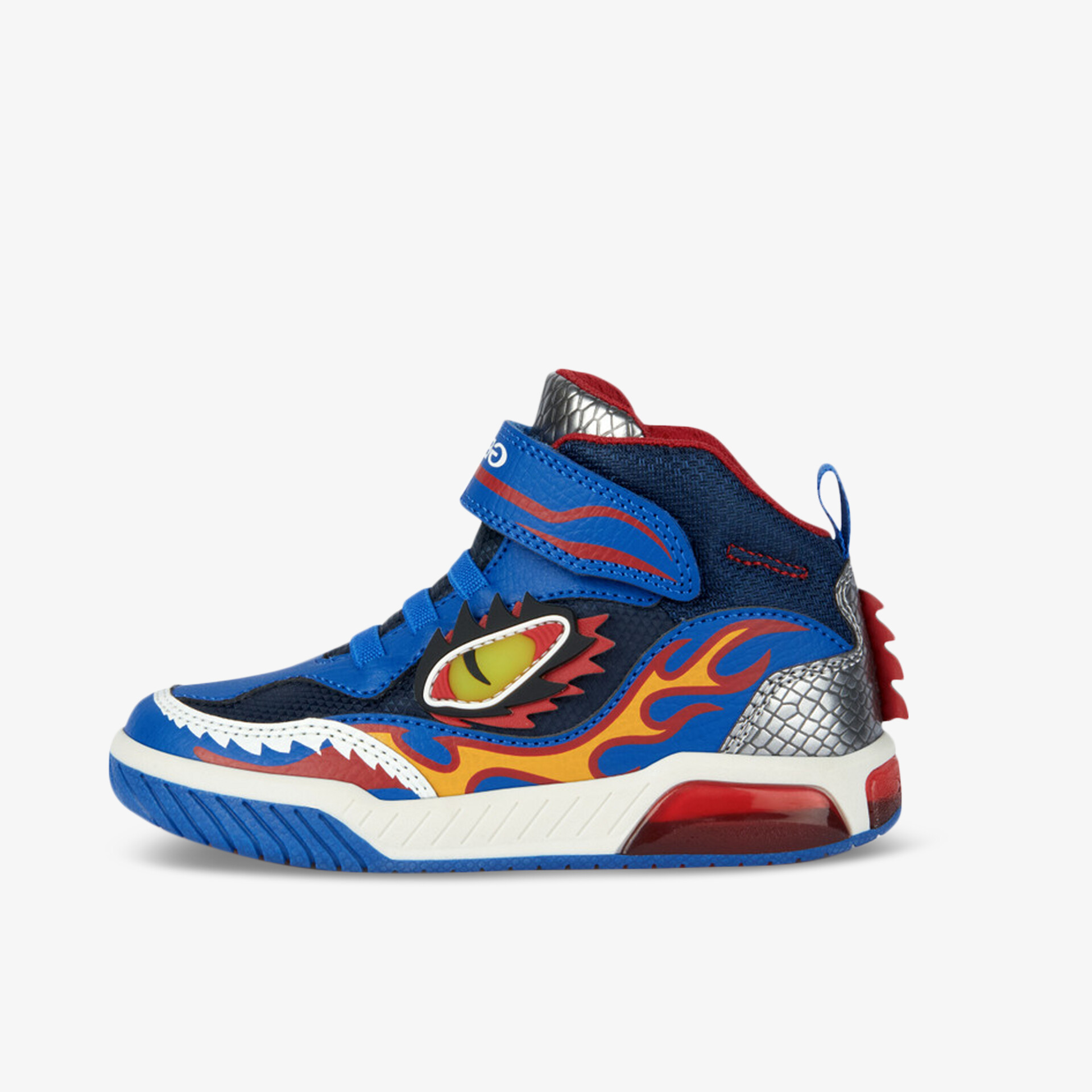 Stylischer Sneaker mit auffälligem Flammen-Design und praktischem Klettverschluss in Blau und Rot.