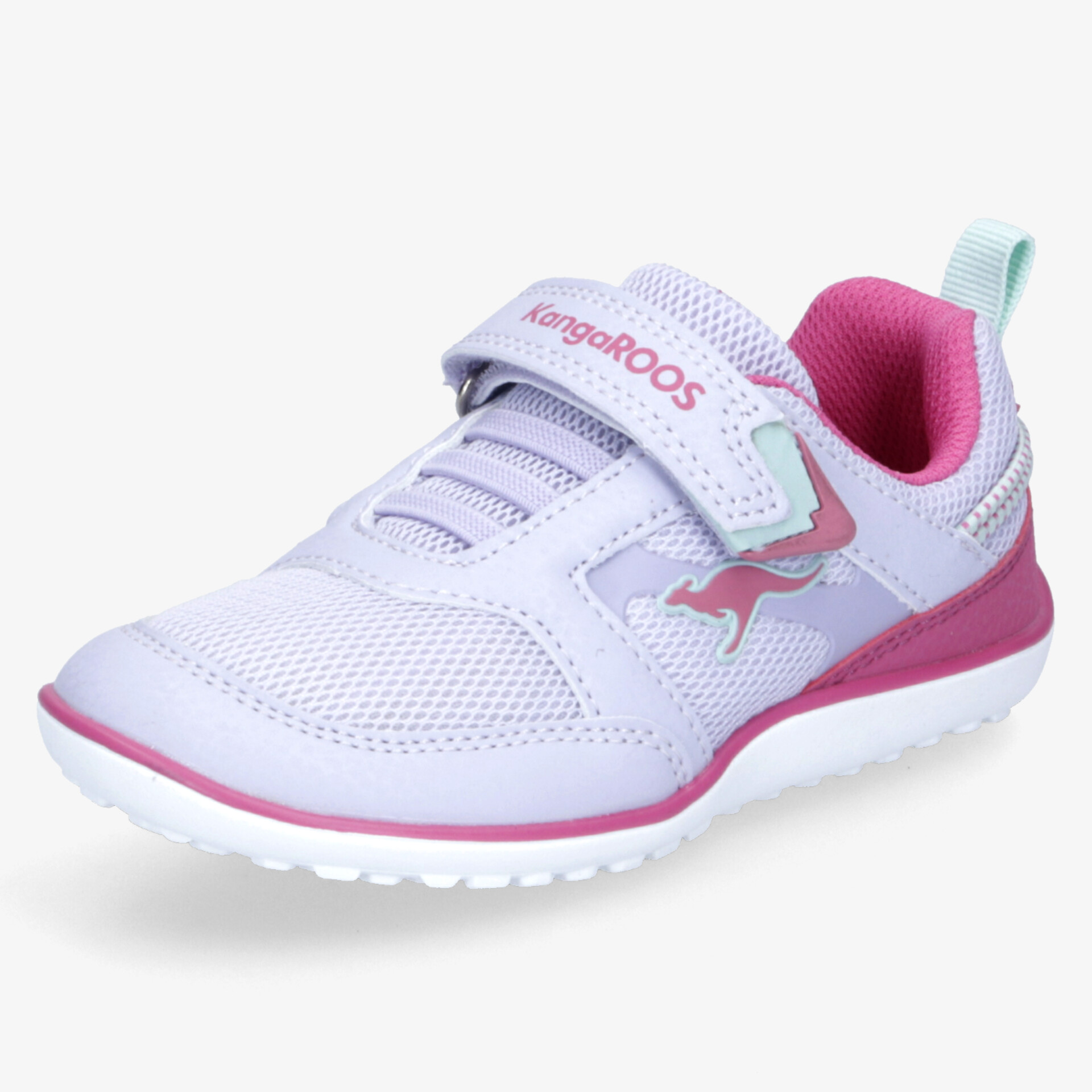Leichter, atmungsaktiver Kinderschuh mit flexiblem Klettverschluss und rutschfester Sohle in Weiß und Pink