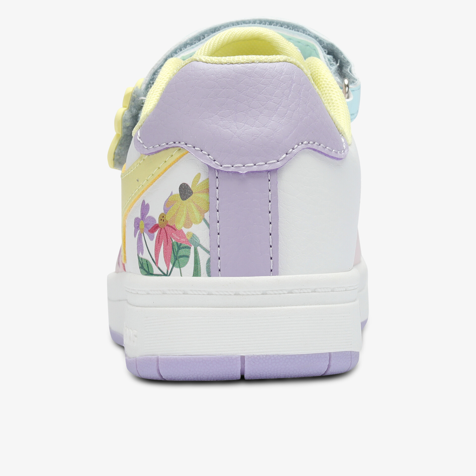Rückansicht eines weißen Schuhs mit pastellfarbenem Blumenmuster und lila Akzent an der Ferse