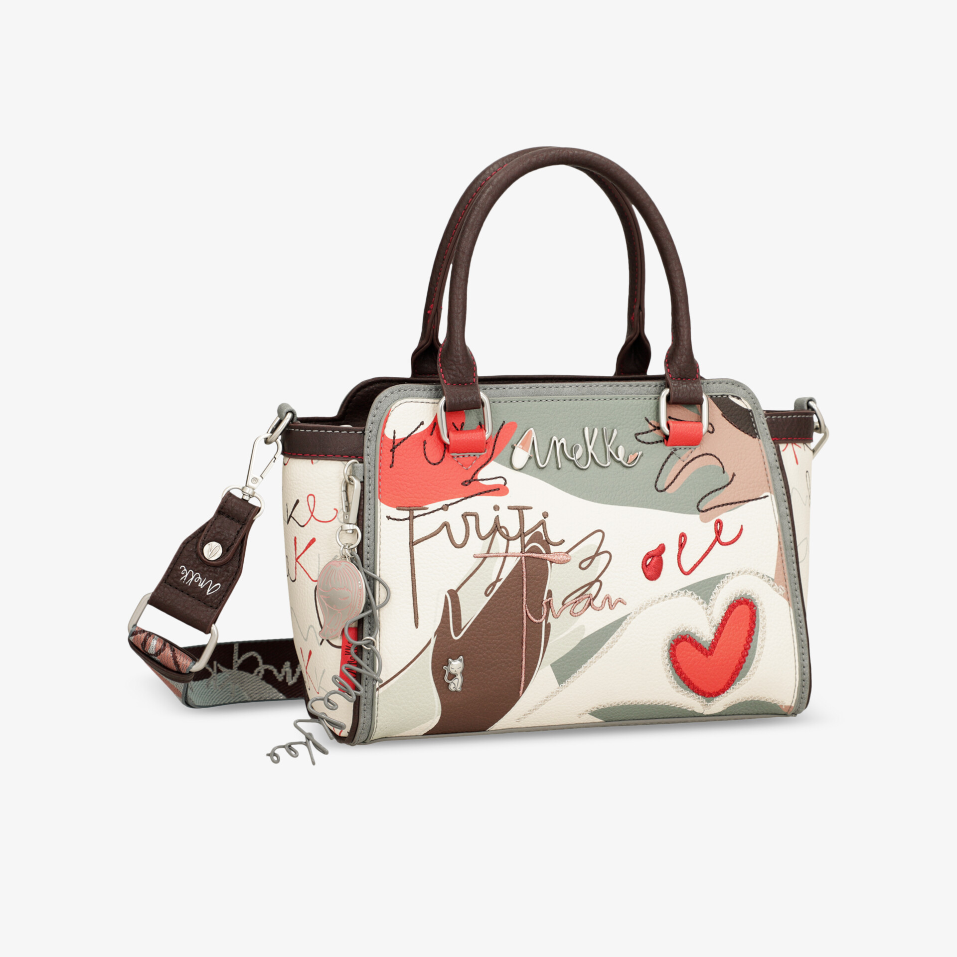 Moderne Handtasche mit buntem Graffiti-Muster, braunen Griffen und praktischem Schulterriemen, kompakt und stylisch