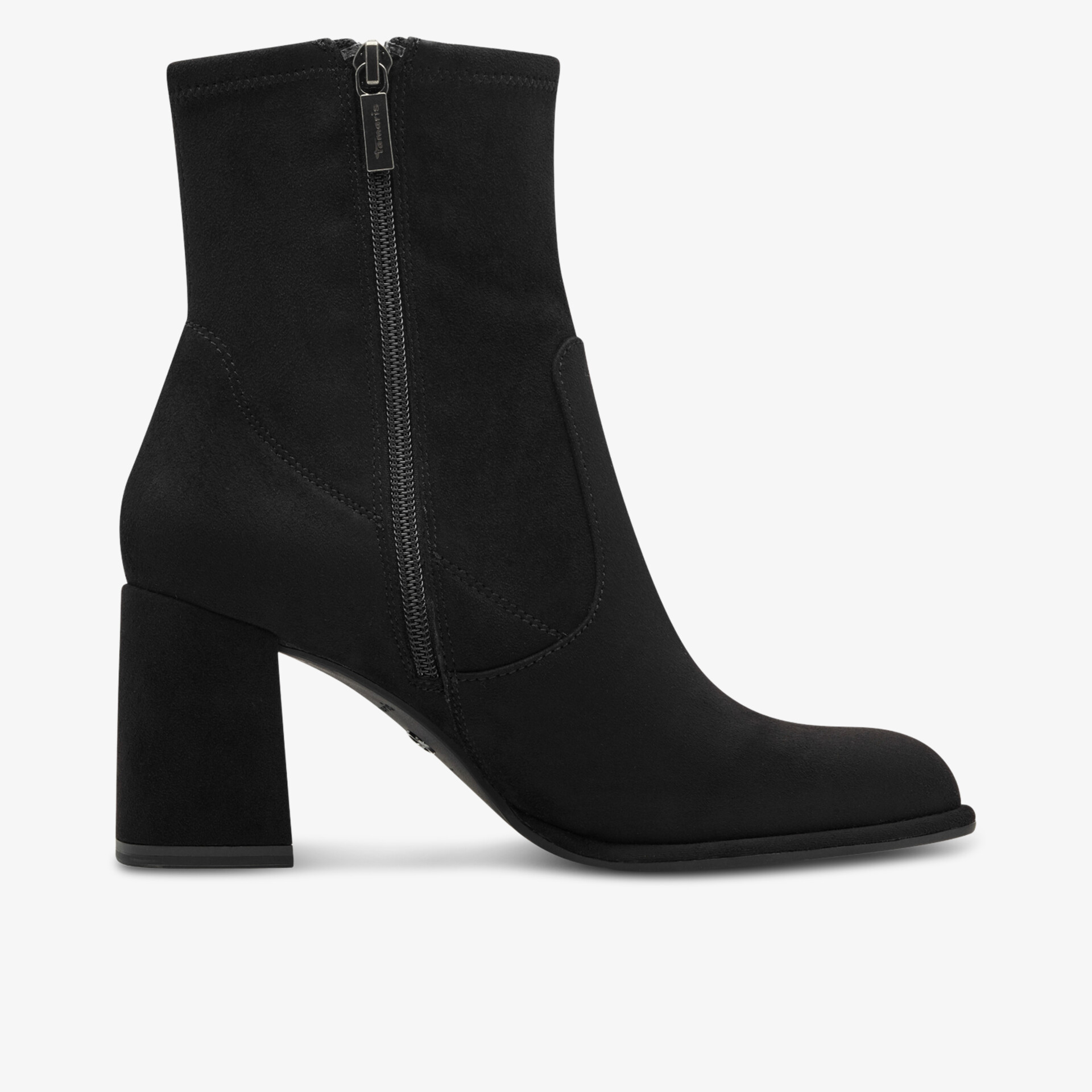 Schwarzer Stiefel mit robustem Blockabsatz und seitlichem Reißverschluss, elegante Seitenansicht