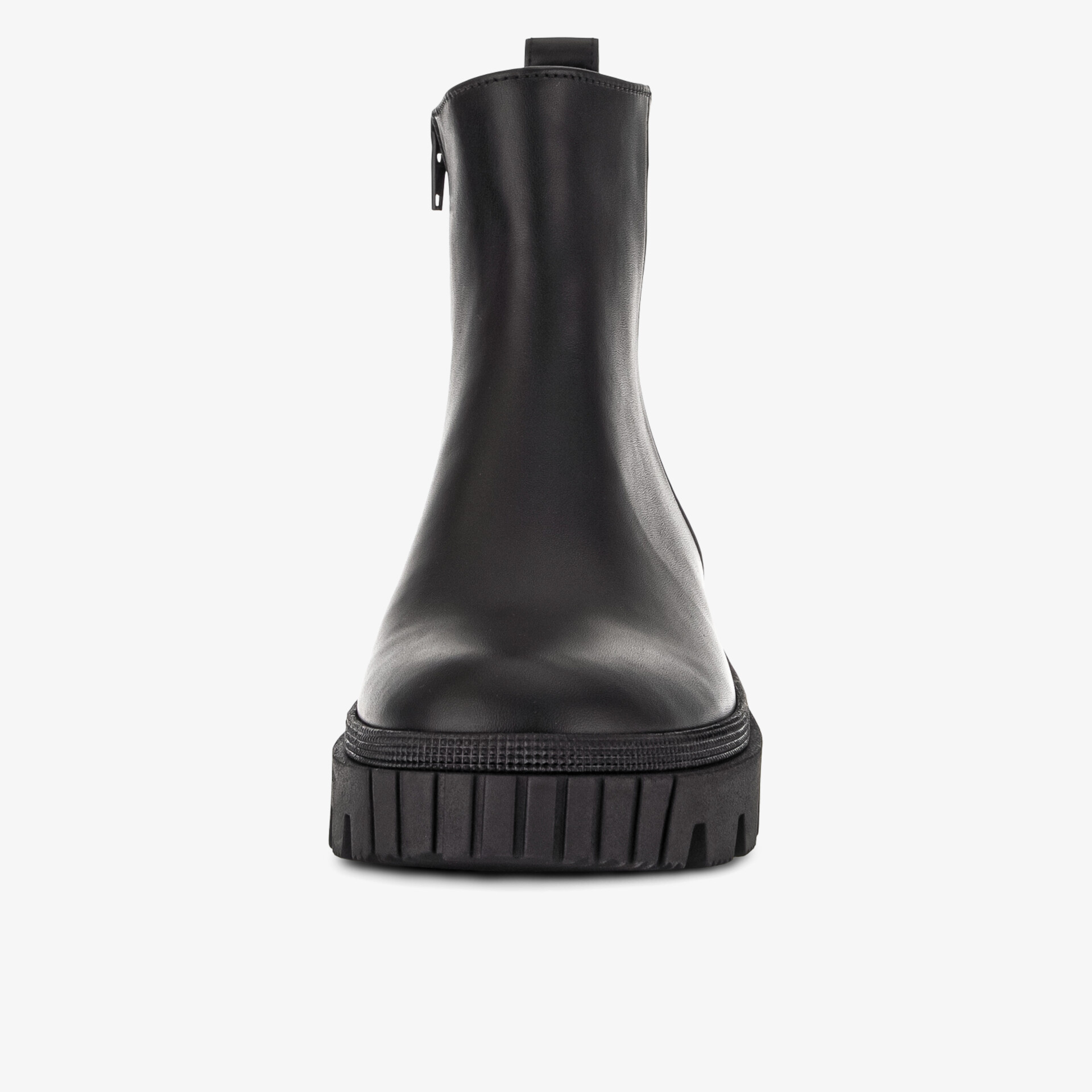 Schwarzer Stiefel mit hohem Schaft und profilierter Sohle in klarer Frontansicht
