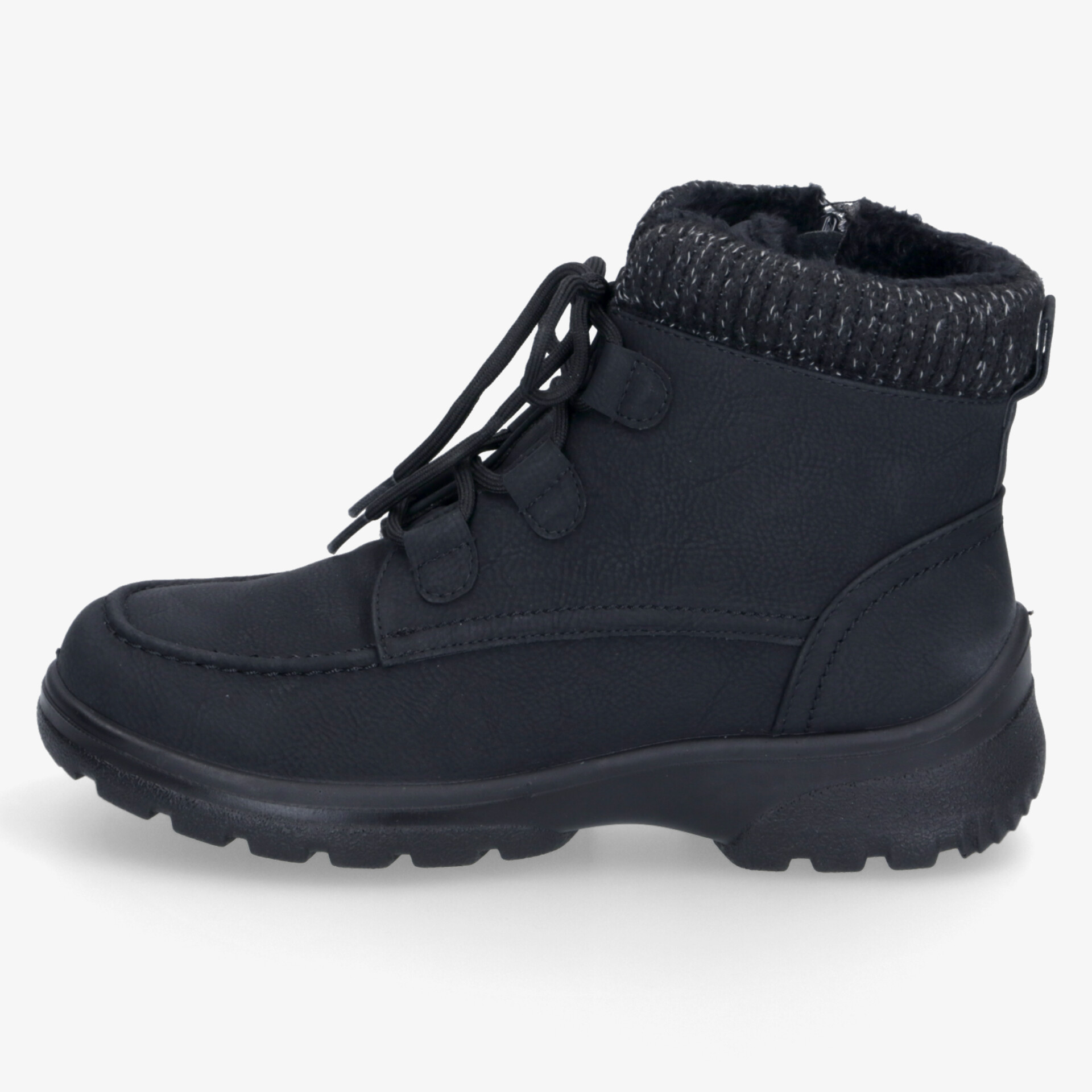 Stabiler schwarzer Outdoor-Boot mit gepolstertem Schaft, rutschfester Sohle und warmem Innenfutter seitlich sichtbar