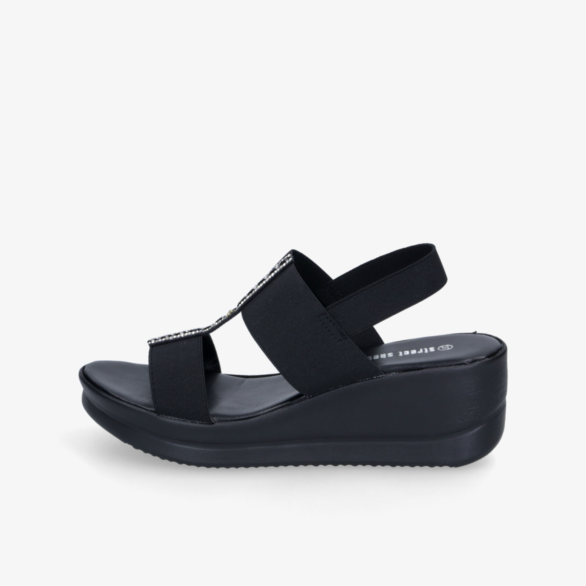 Schwarze Sandale mit elastischen Riemen und keilförmigem Absatz, bequem und modisch gestaltet