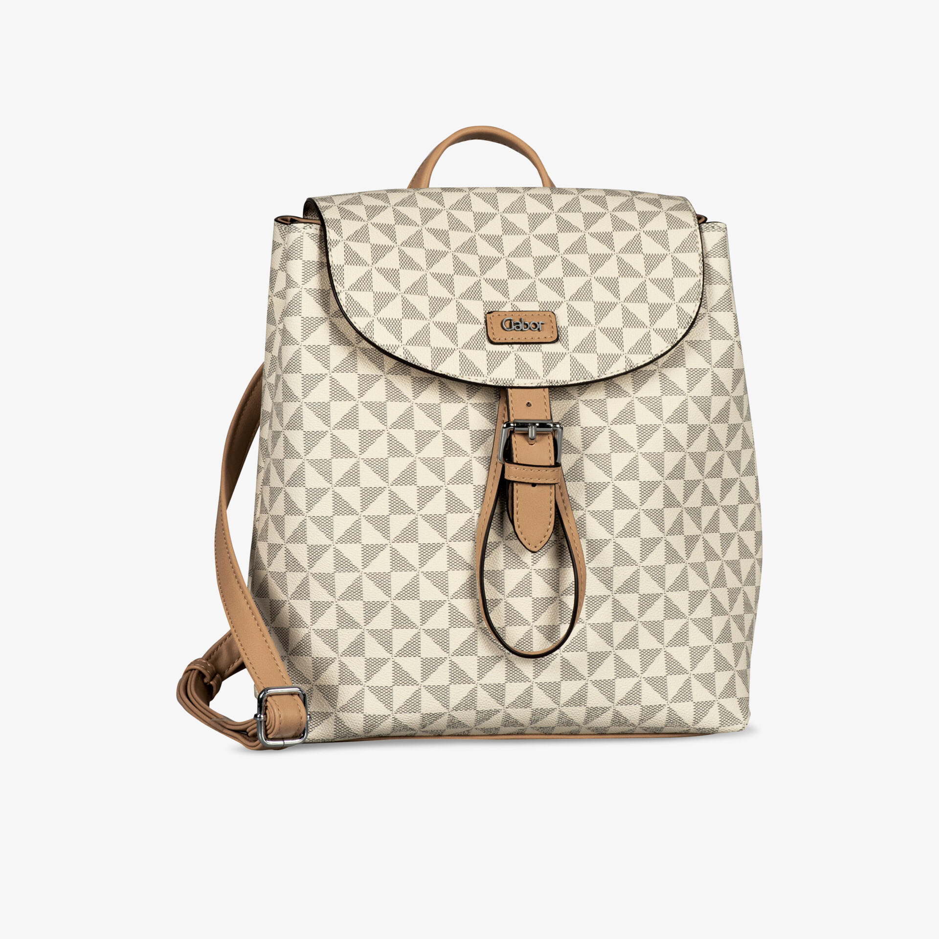 Stylischer Rucksack mit geometrischem Muster und Lederakzenten, ideal für den täglichen Gebrauch