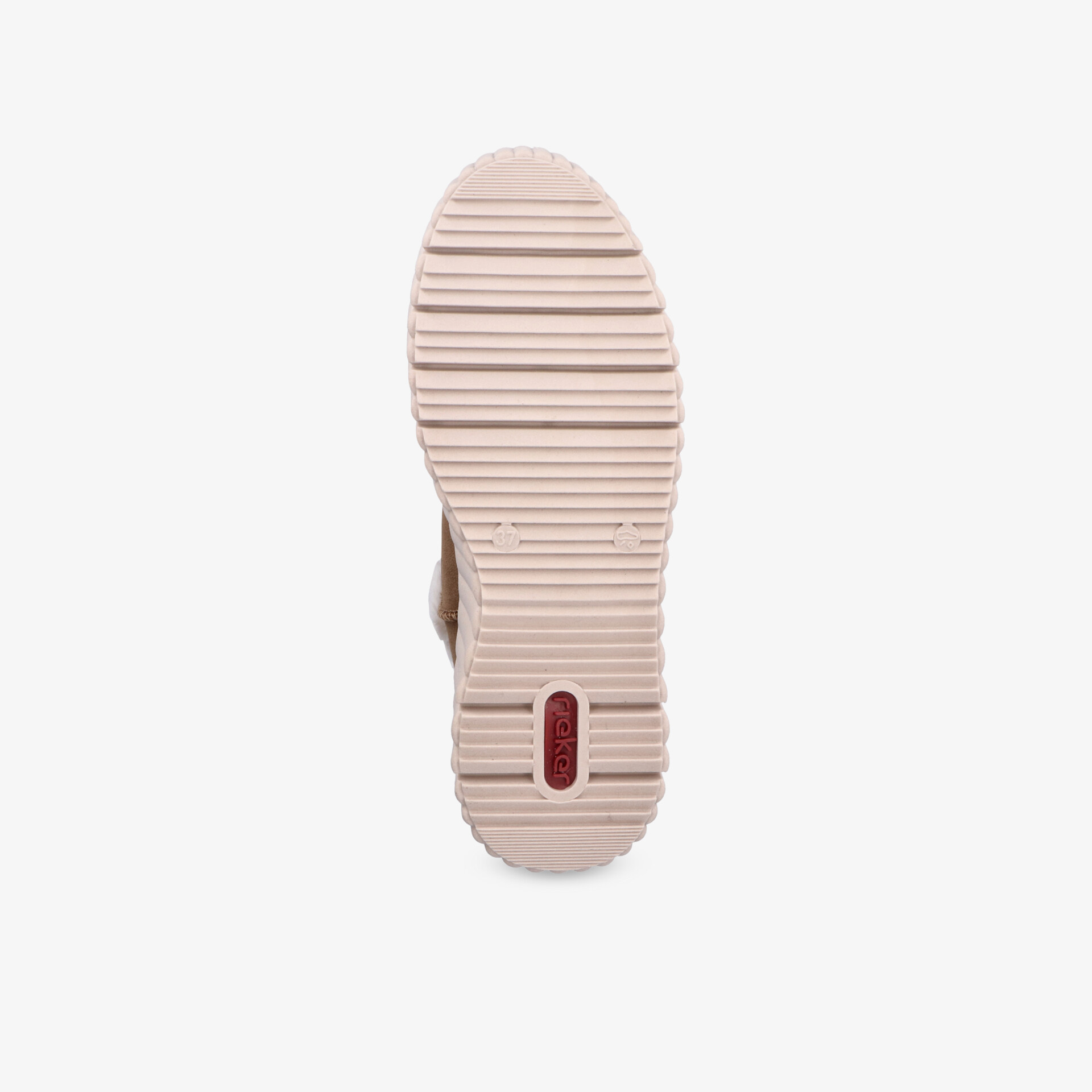 Beige Schuhsohle in Nahaufnahme zeigt robustes, rutschfestes Profil für hohe Trittsicherheit.