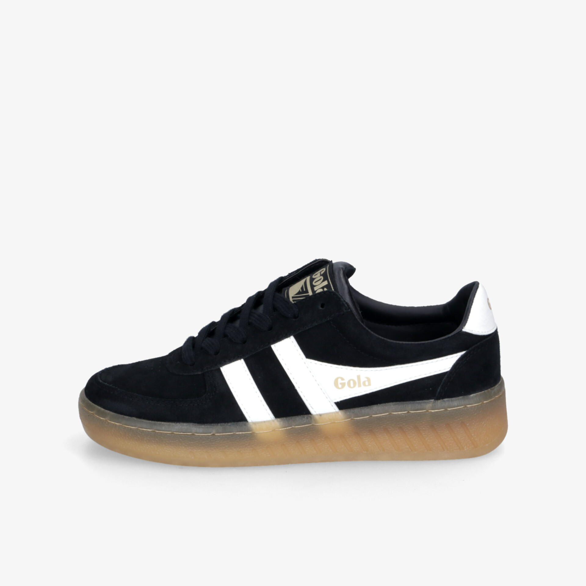 Schwarzer Sneaker mit weißem Detail und robuster, bequemer Gummisohle in klarer Seitenansicht