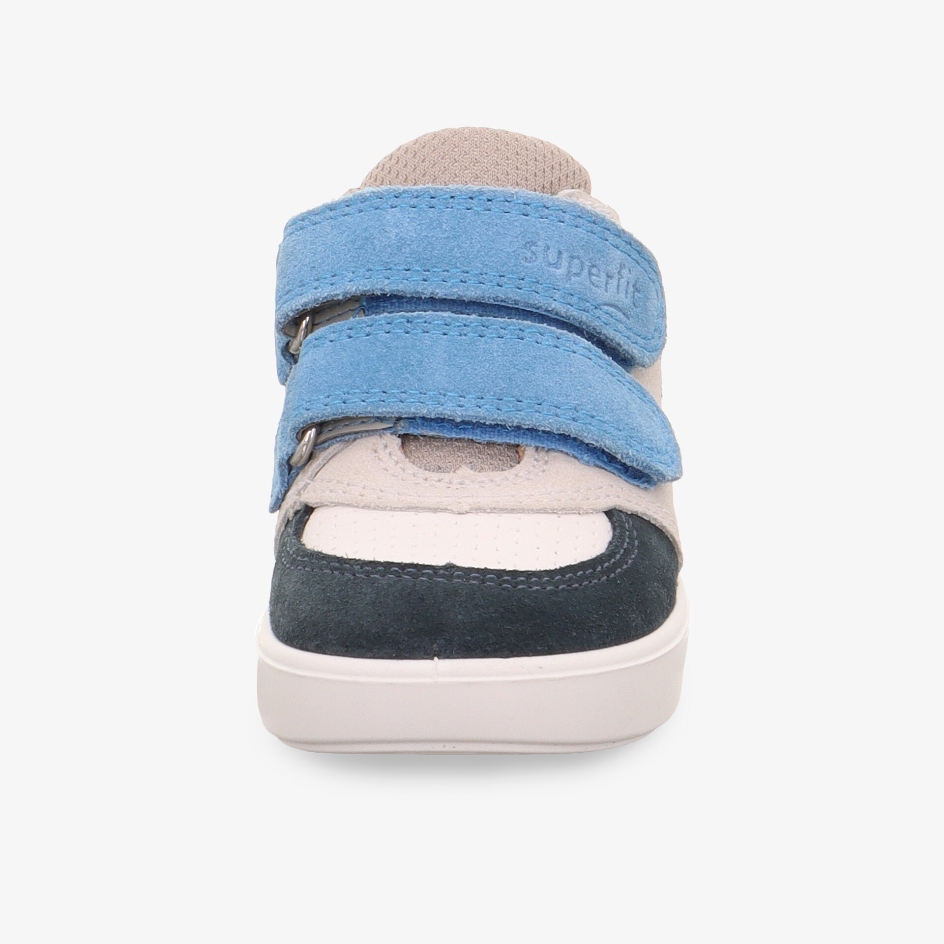 Vorderansicht eines blauen Sportschuhs mit zwei Klettverschlüssen, gepolstertem Schaft und robuster rutschfester Sohle