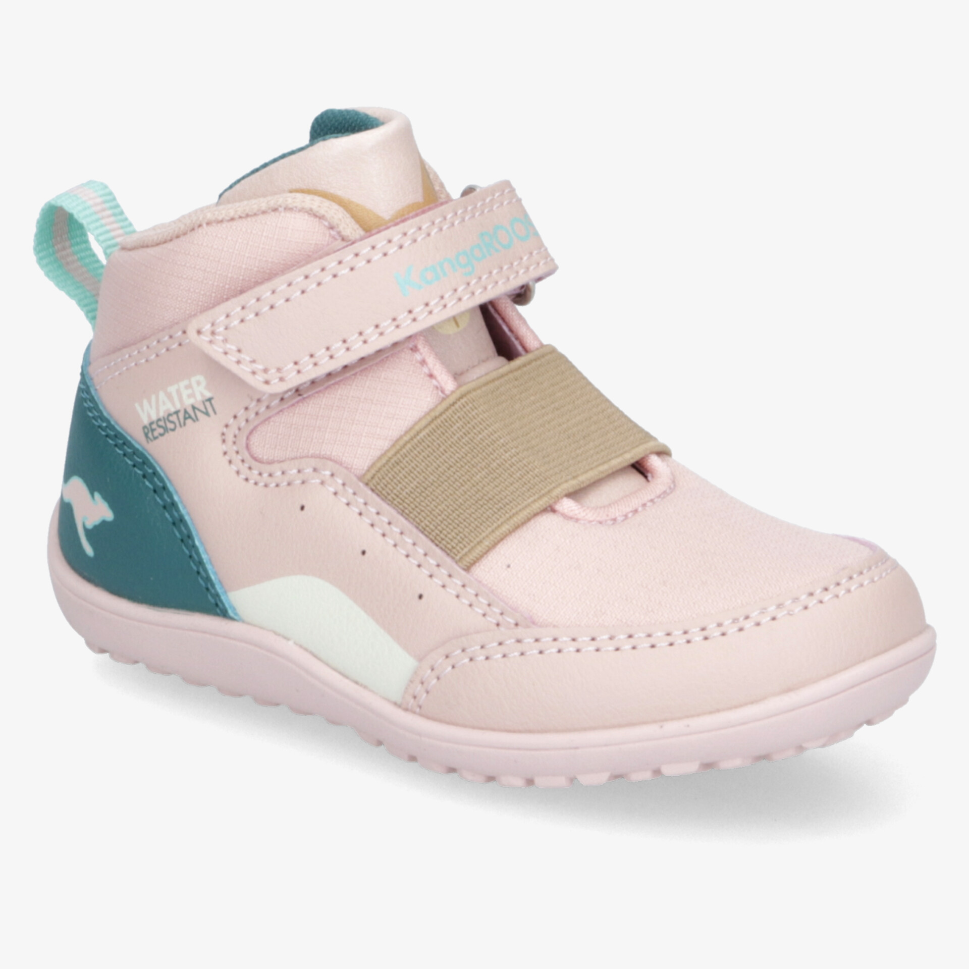 Bequemer Kinderschuh in Pastellrosa mit türkisfarbenen Details, elastischem Band und praktischem Klettverschluss