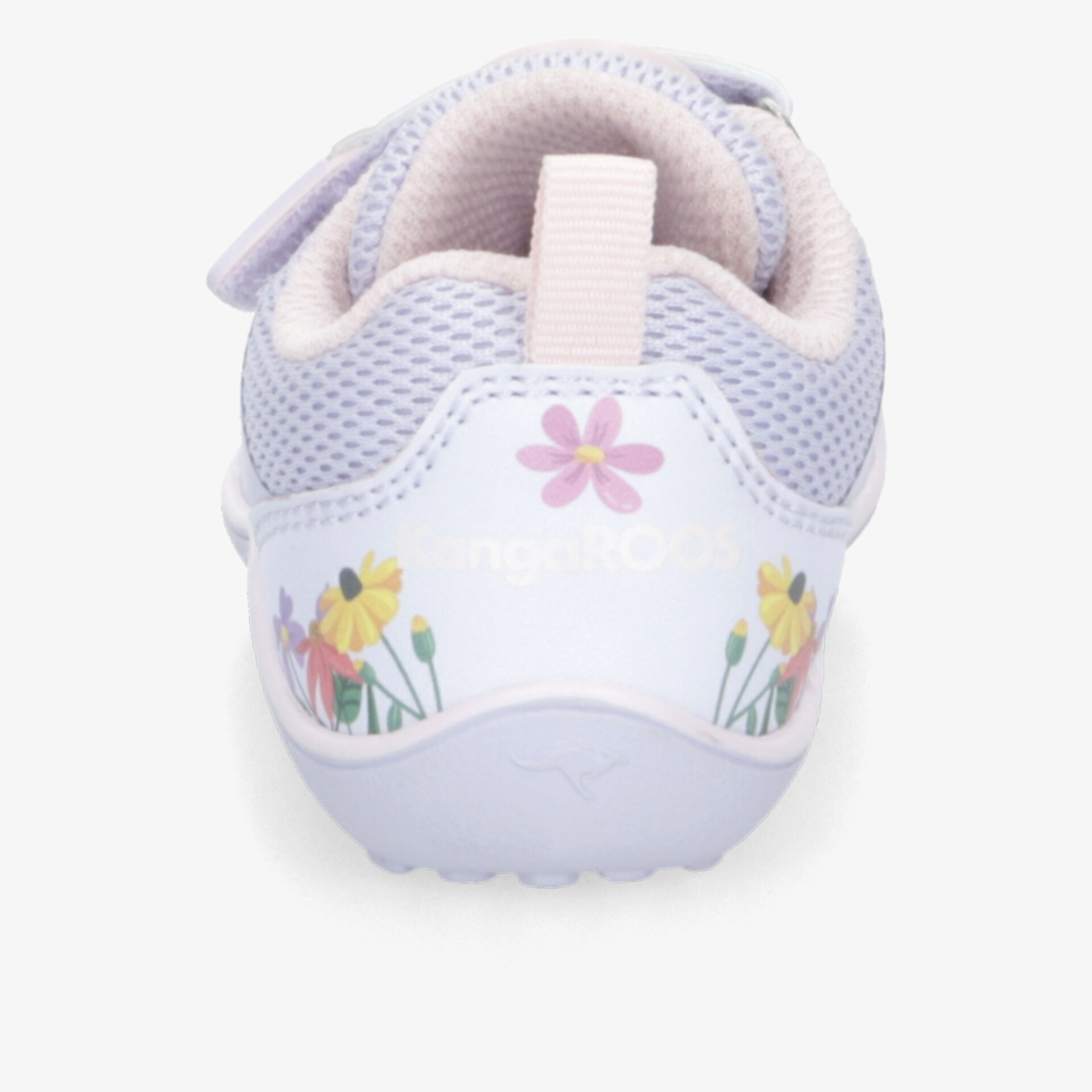 Rückansicht eines pastellfarbenen Kinderschuhs mit Blumenmuster und praktischem Zugriemen für einfachen Einstieg.