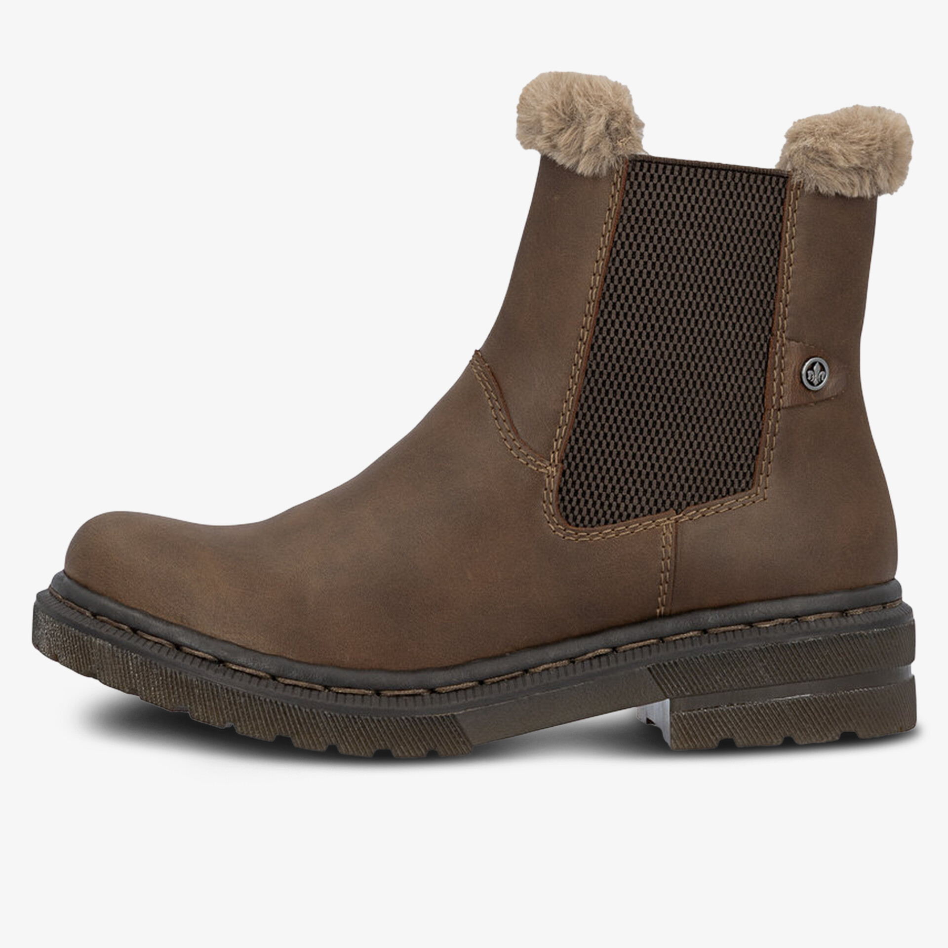 Braune Stiefelette mit warmem Fellfutter, elastischem Einsatz und profilierter Sohle für komfortablen Halt