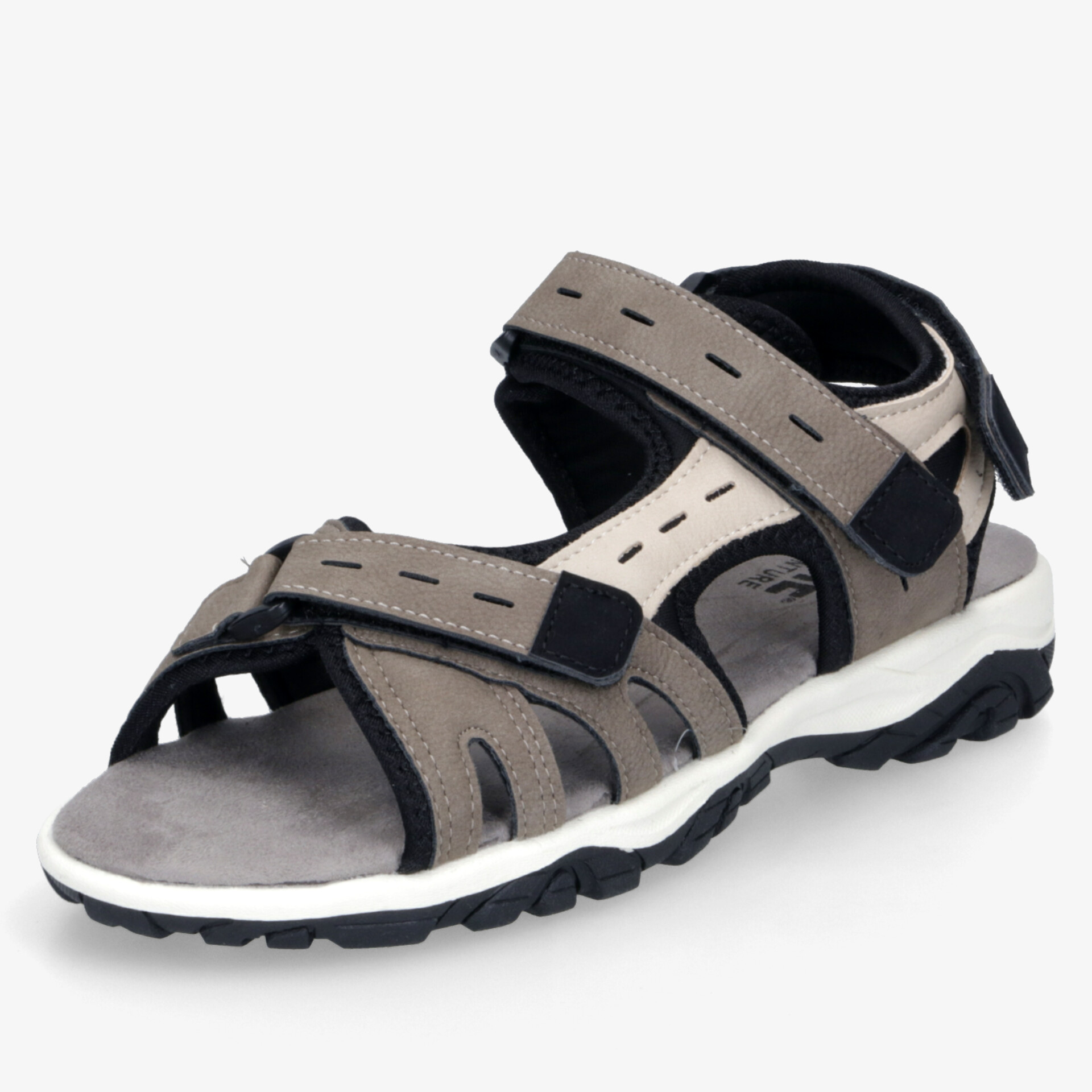 Robuste graue und schwarze Offroad-Sandale mit verstellbaren Klettverschlüssen und rutschfester Sohle für optimalen Komfort