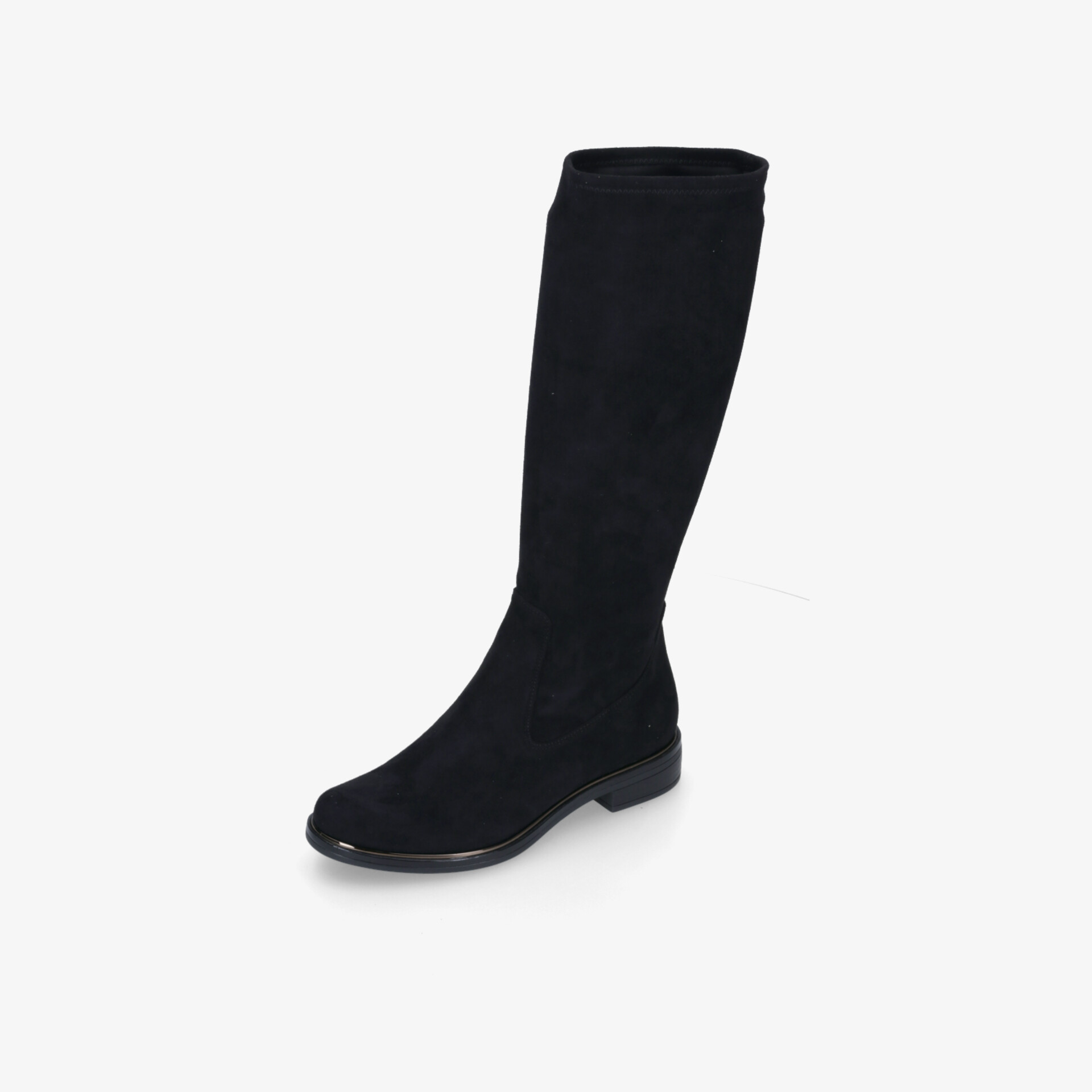 Schwarzer hoher Stiefel mit glattem Material und robustem Absatz, eleganter Stil für komfortablen Halt