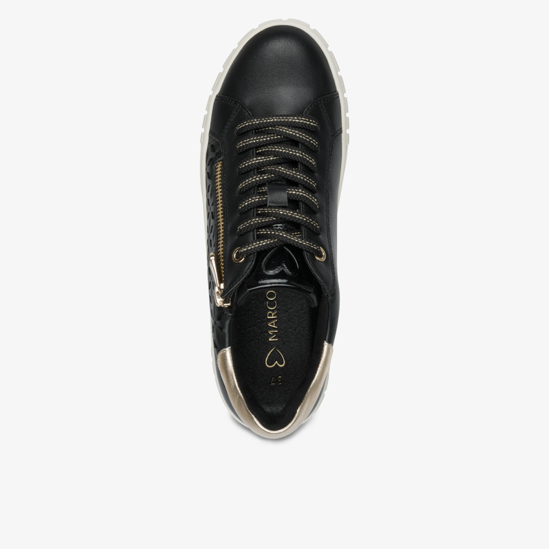 Schwarzer Sneaker aus Leder mit weißer Sohle und robusten Schnürsenkeln, klare Draufsicht