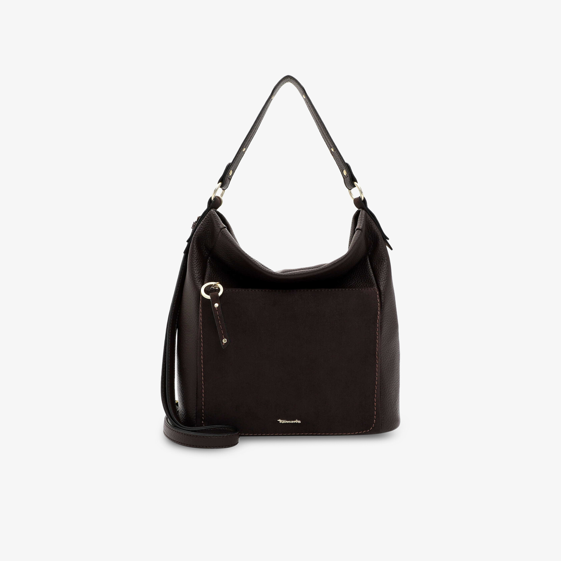 Schwarze elegante Handtasche mit geräumigem Innenfach und praktischem Schulterriemen in 3/4-Ansicht