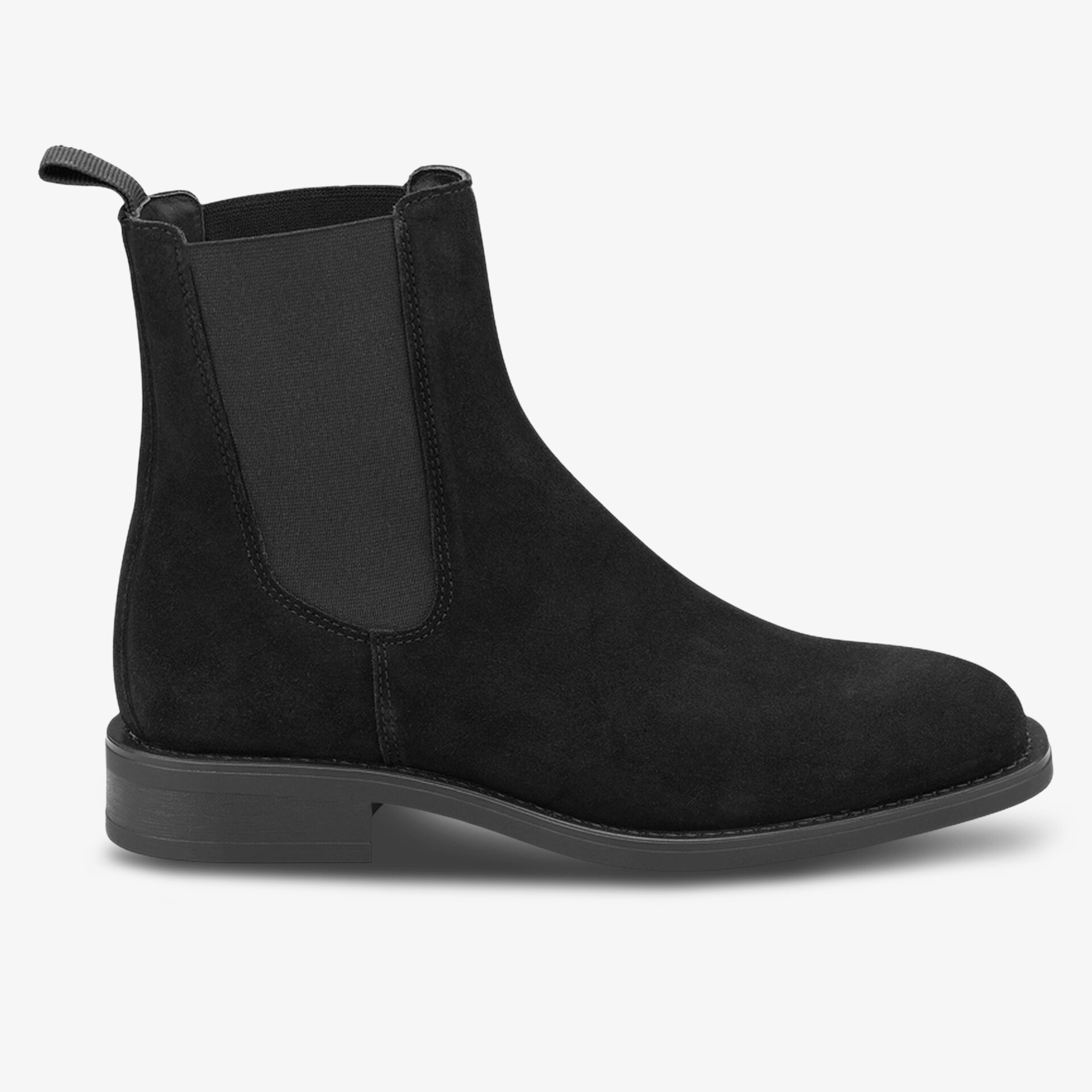 Seitliche Ansicht eines klassischen Chelsea Boots aus Veloursleder mit elastischen Einsätzen und Laufsohle