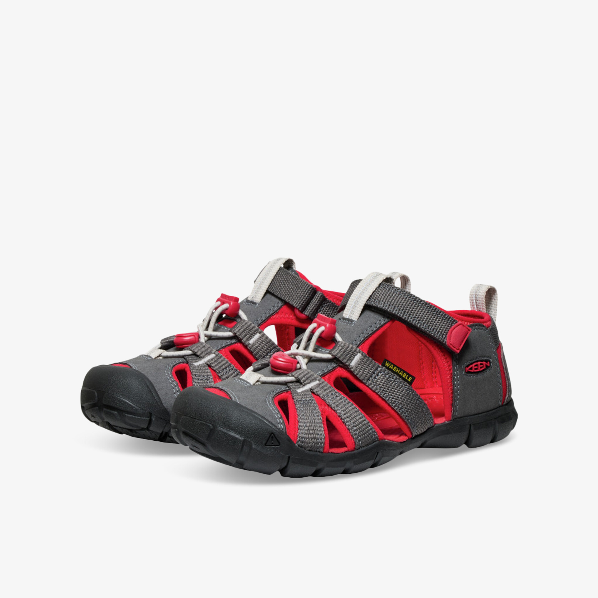 Rotes Paar robuster Outdoor-Sandalen mit verstellbaren Riemen und rutschfester Sohle für bequemen Halt