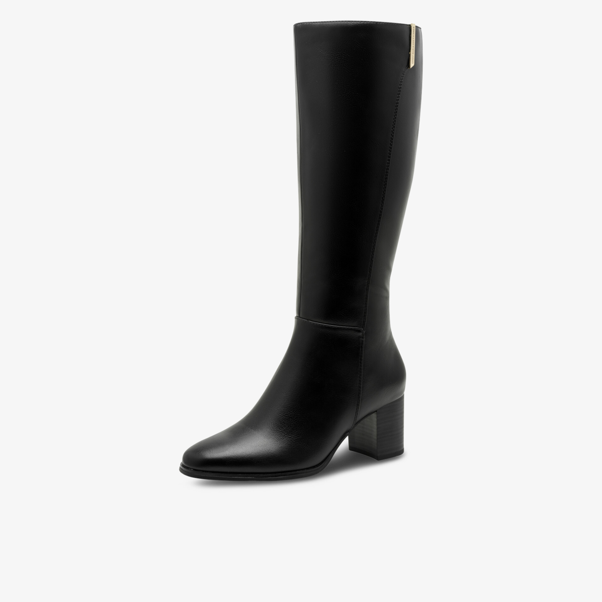 Schwarzer klassischer Stiefel aus Leder mit mittelhohem Absatz und elegantem, schlichtem Design