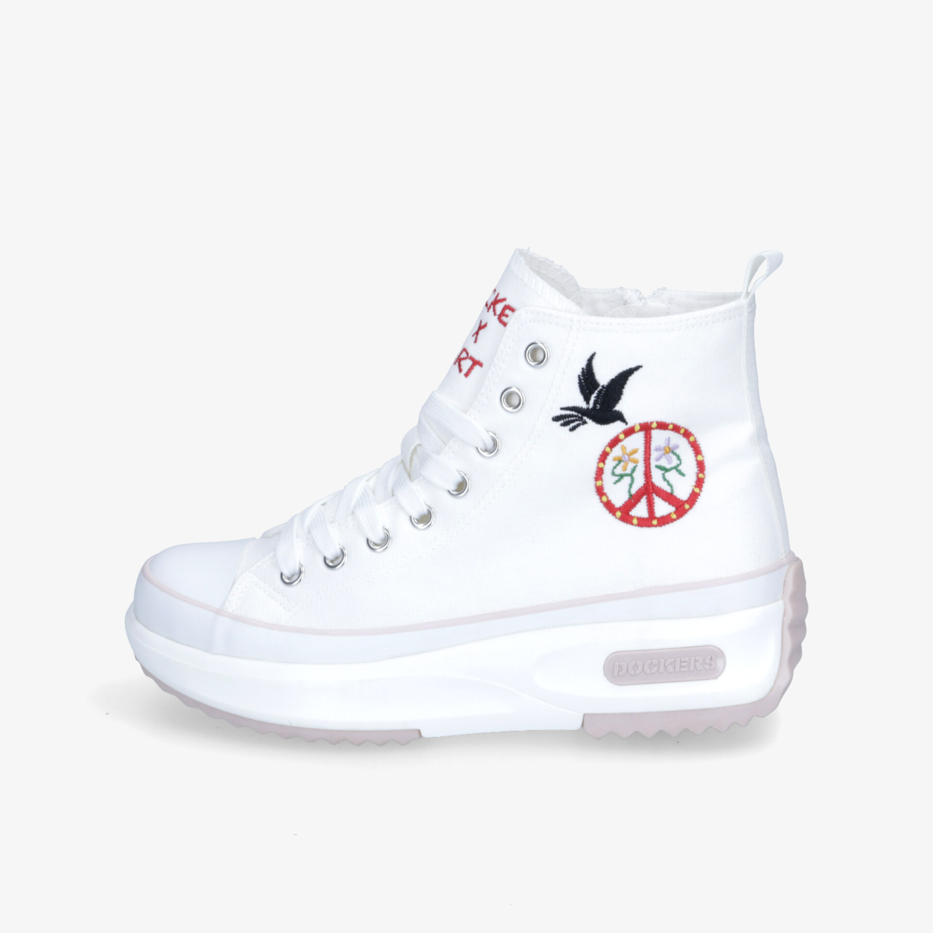 Stylish white high-top sneakers with peace symbol and bird design, comfortable and trendy look.