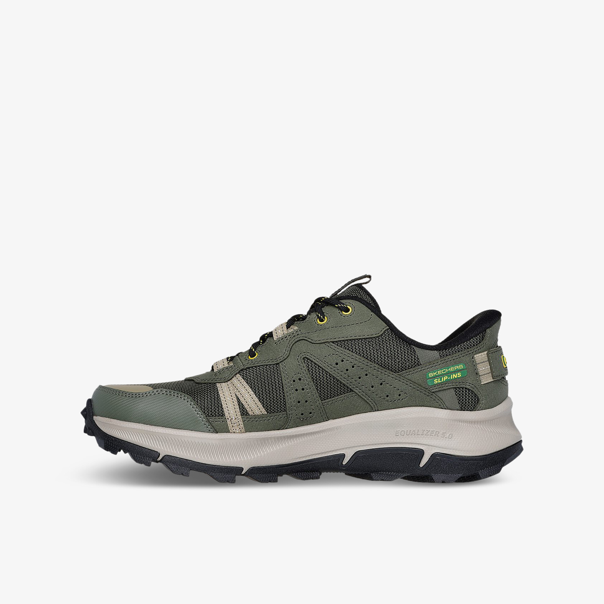 Robuster sportlicher Outdoor-Trailrunning Schuh in Grau und Grün mit atmungsaktivem Material und rutschfester Sohle