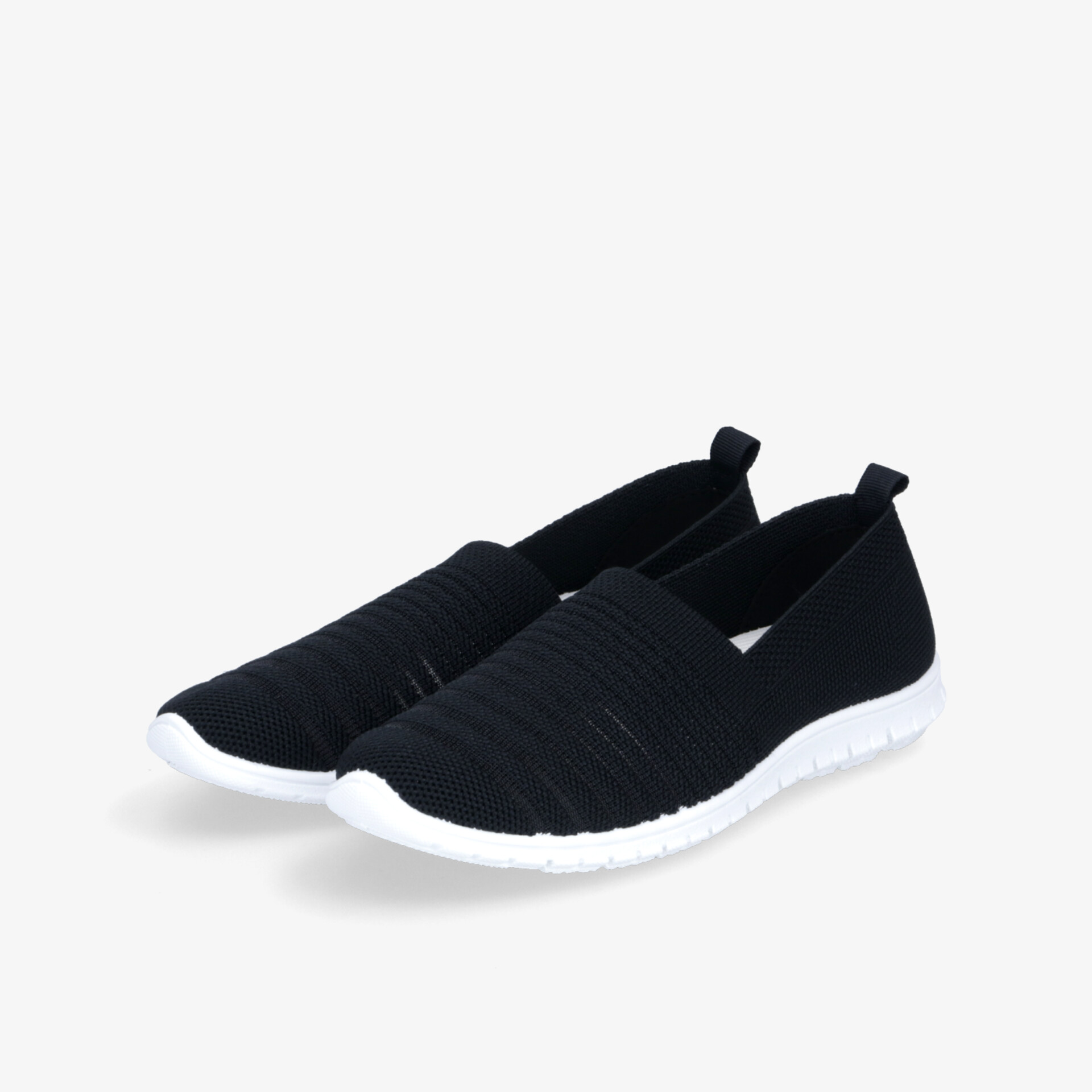 Schwarze Slip-On Sneaker mit weißer Sohle, leicht, atmungsaktiv und flexibel für bequemen Tragekomfort