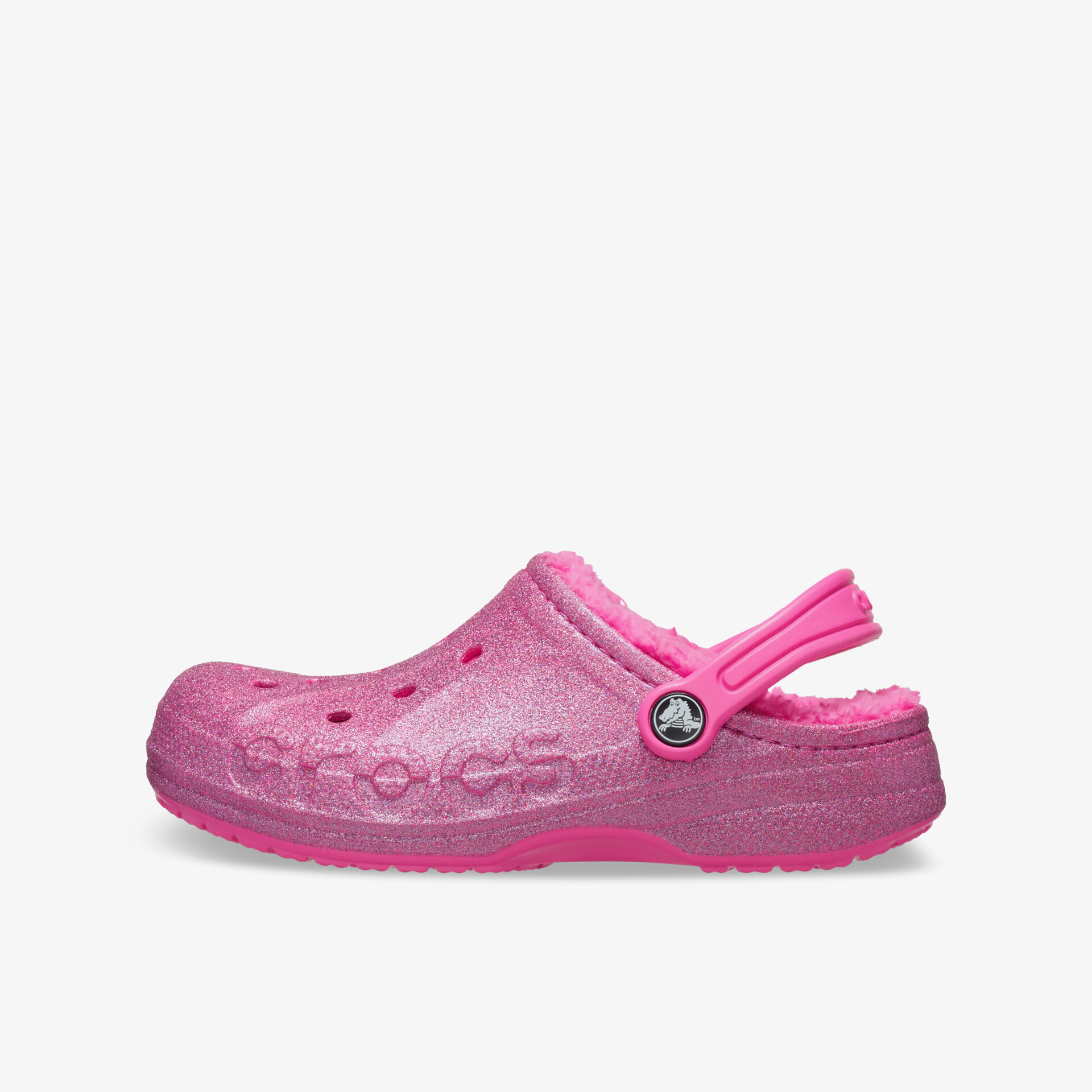 Seitliche Ansicht eines leichten, bequemen pinken Schlupfschuhs mit atmungsaktivem Design und praktischem Fersenriemen