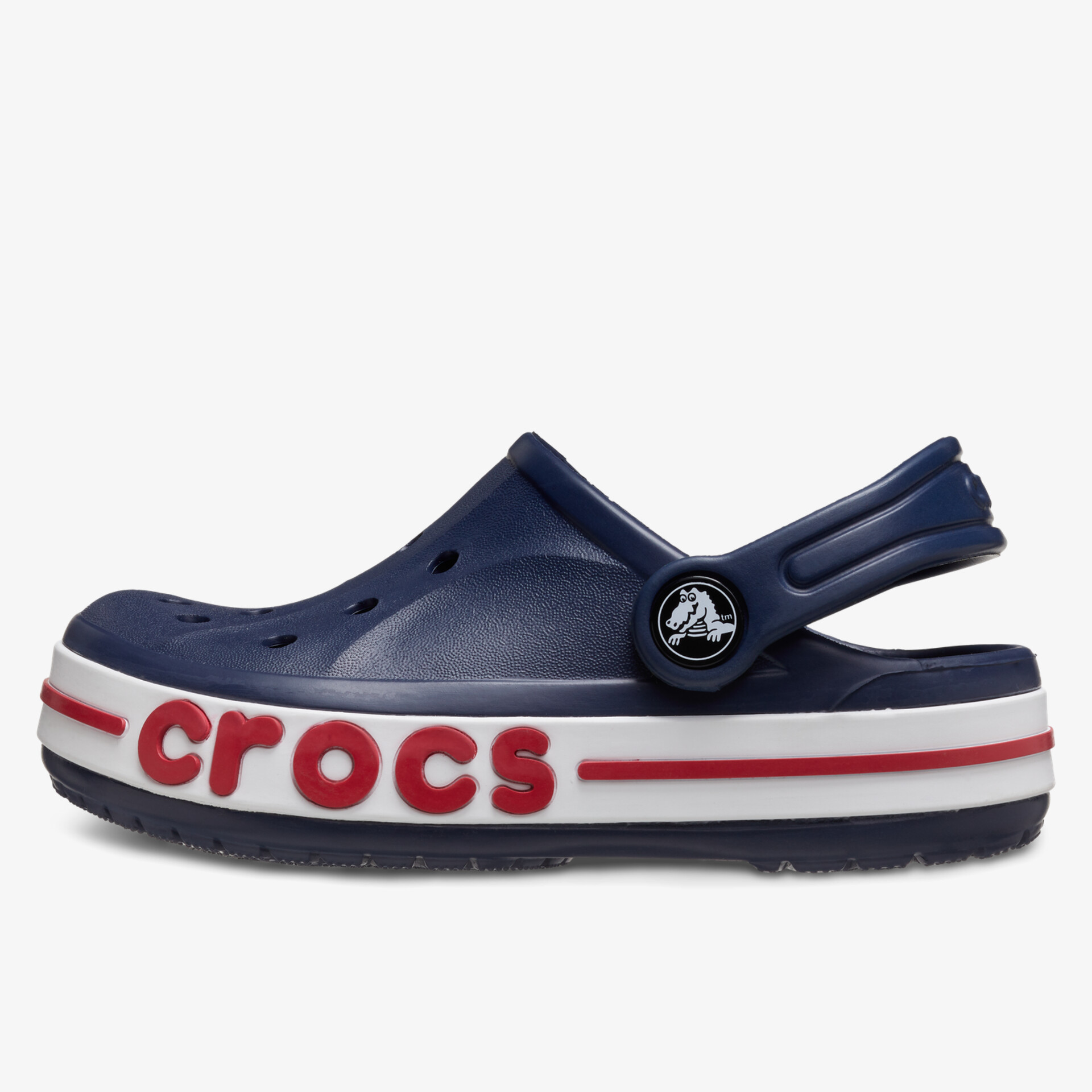 Seitliche Ansicht eines navyblauen Komfort-Clogs mit Belüftungslöchern und verstellbarem Fersenriemen