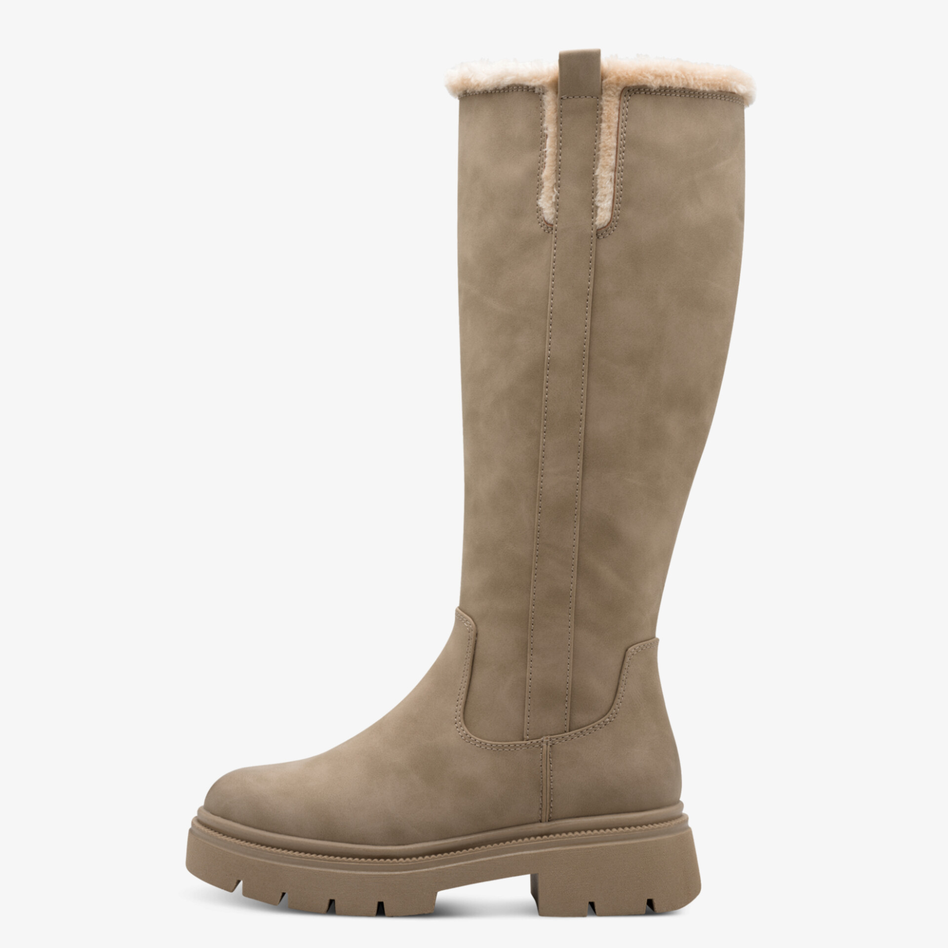 Seitlicher Blick auf braunen hohen Stiefel mit kuscheligem Innenfutter und robuster, rutschfester Sohle