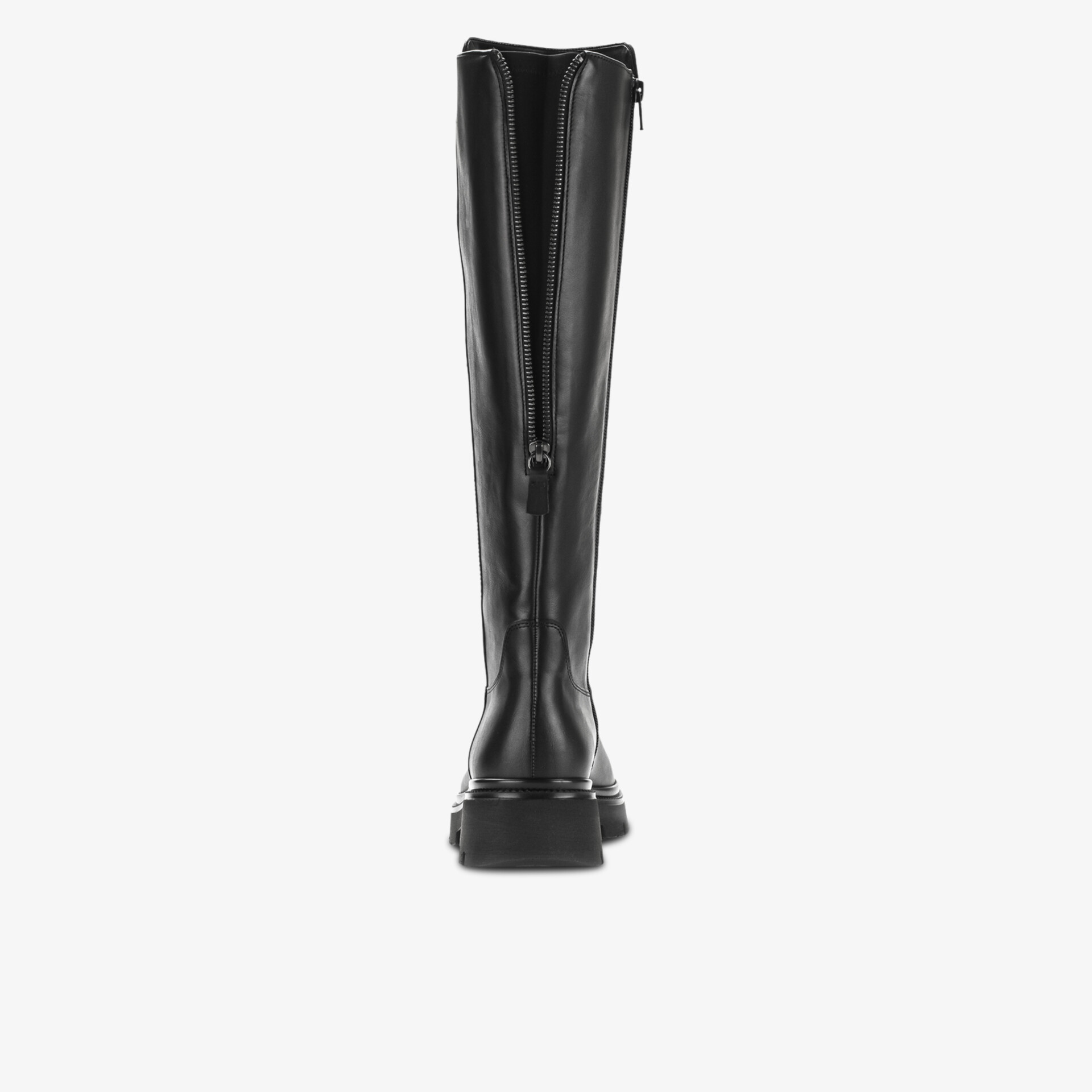 Kniehoher schwarzer Stiefel aus Leder mit Reißverschluss, robust und elegant, Frontansicht