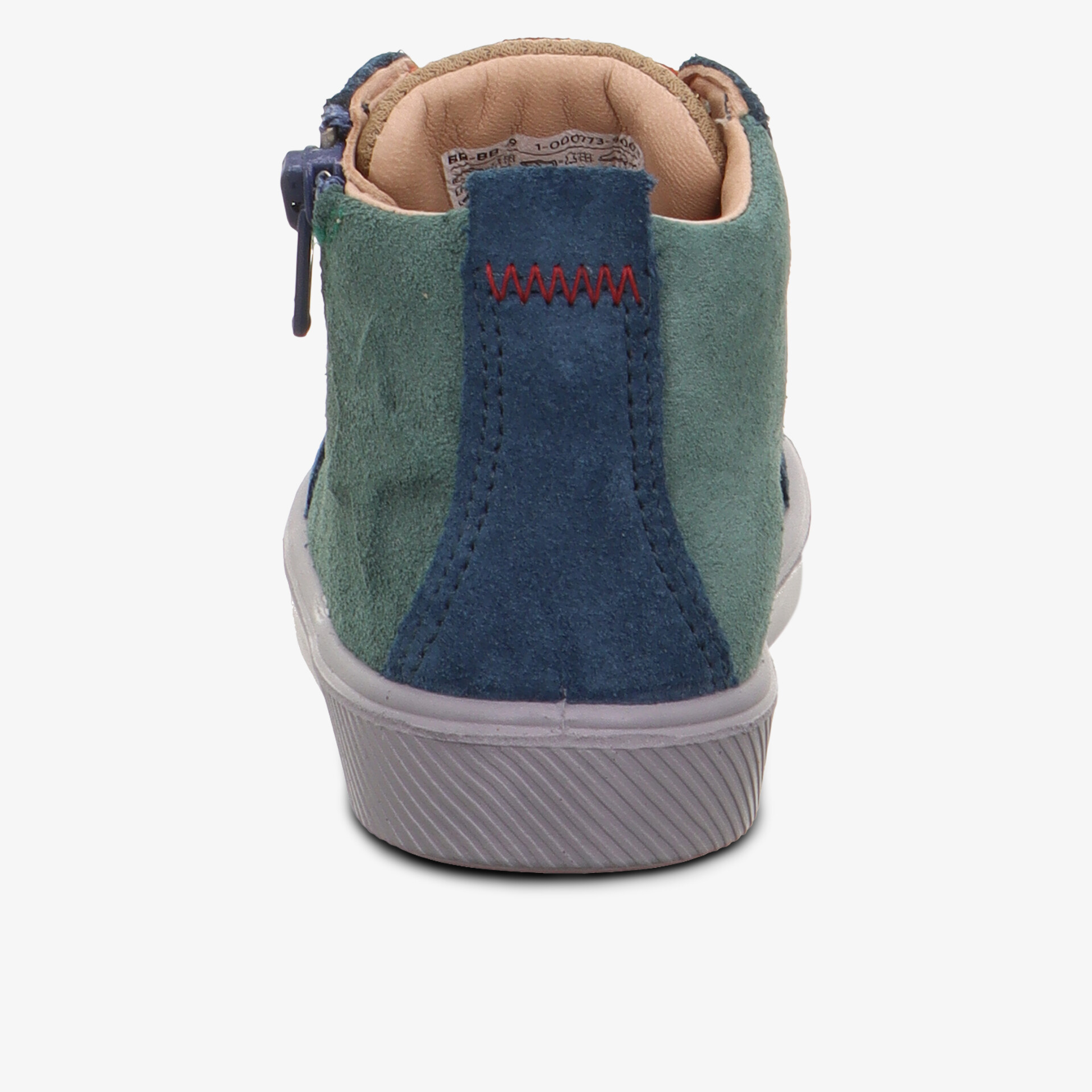 Rückansicht eines sportlichen Schuhs mit Reißverschluss und gepolstertem Schaftrand, langlebige rutschfeste Sohle