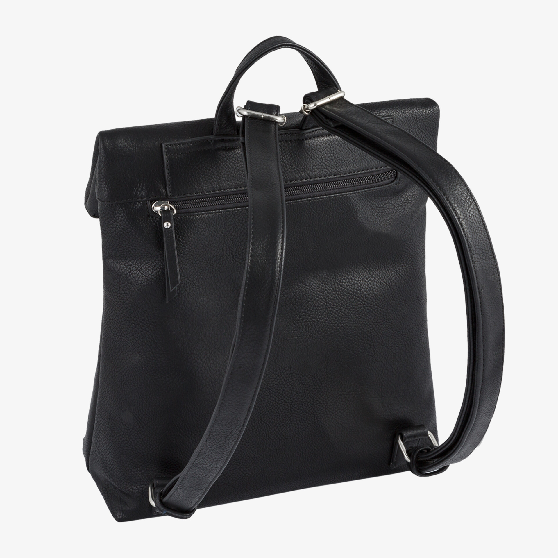 Eleganter schwarzer Leder-Rucksack mit Reißverschluss und verstellbaren Trägern. Perfekt für Alltag und Business.