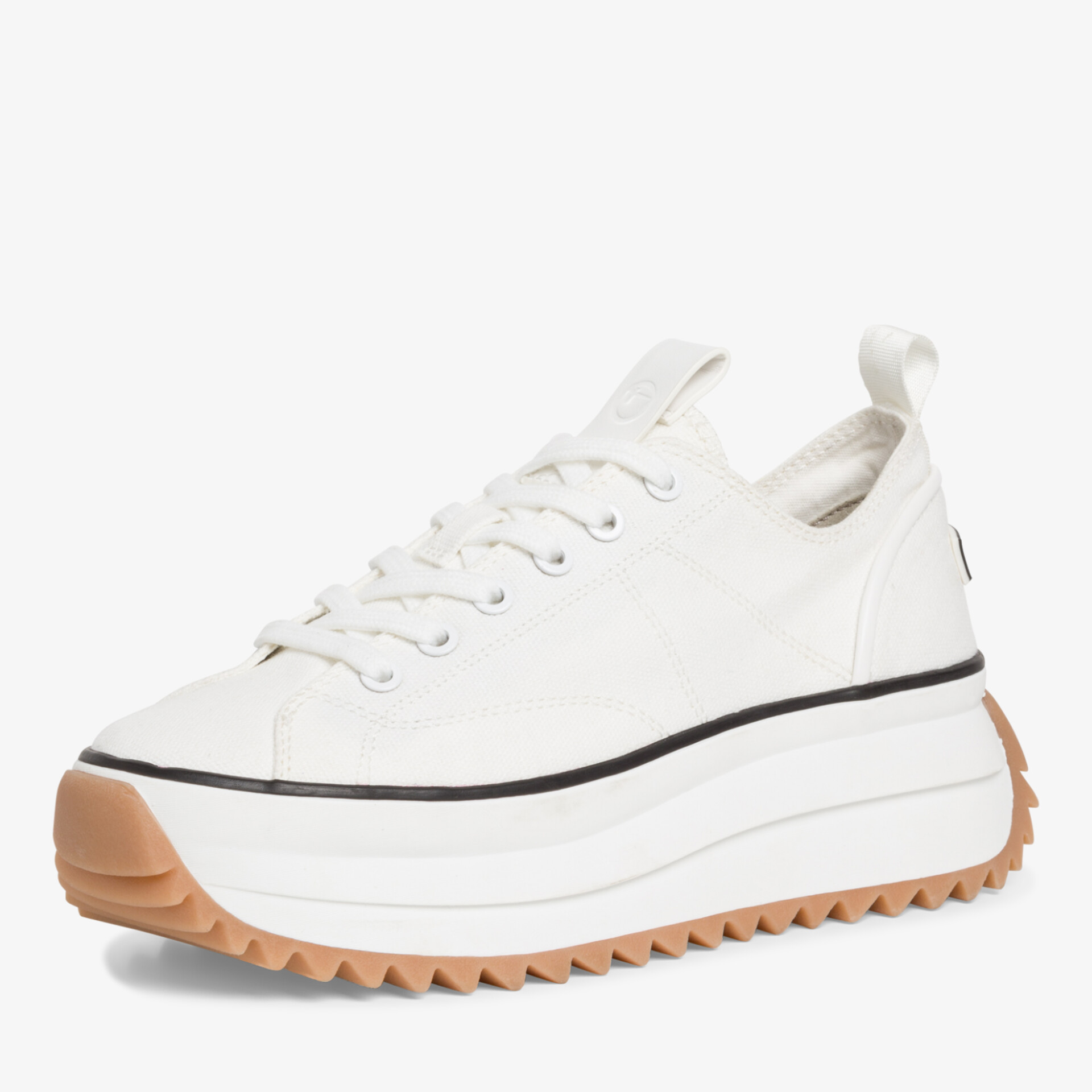 Weißer Plateau-Sneaker mit rutschfester Sohle und modischem Design, ideal für sportliche Outfits.