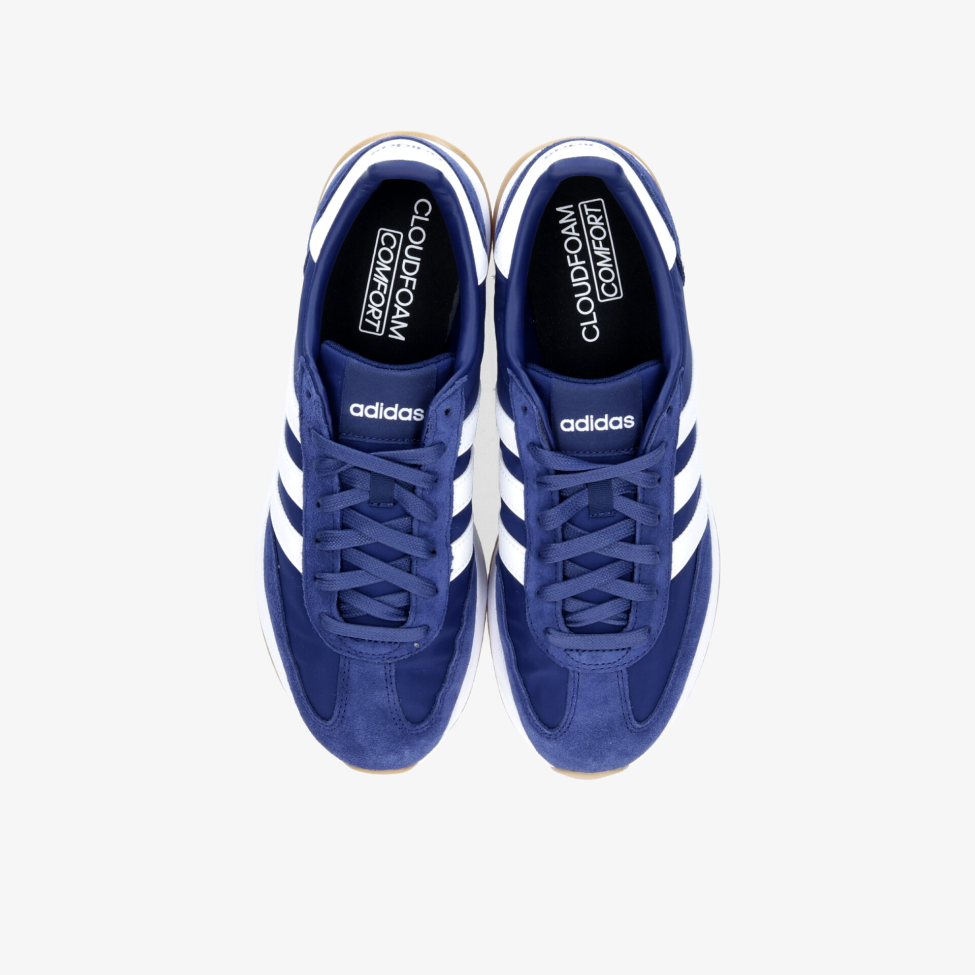 Blauer Adidas Sportschuh mit weißen Streifen, bequemer und leichter Schuh, moderne Optik, Draufsicht von oben