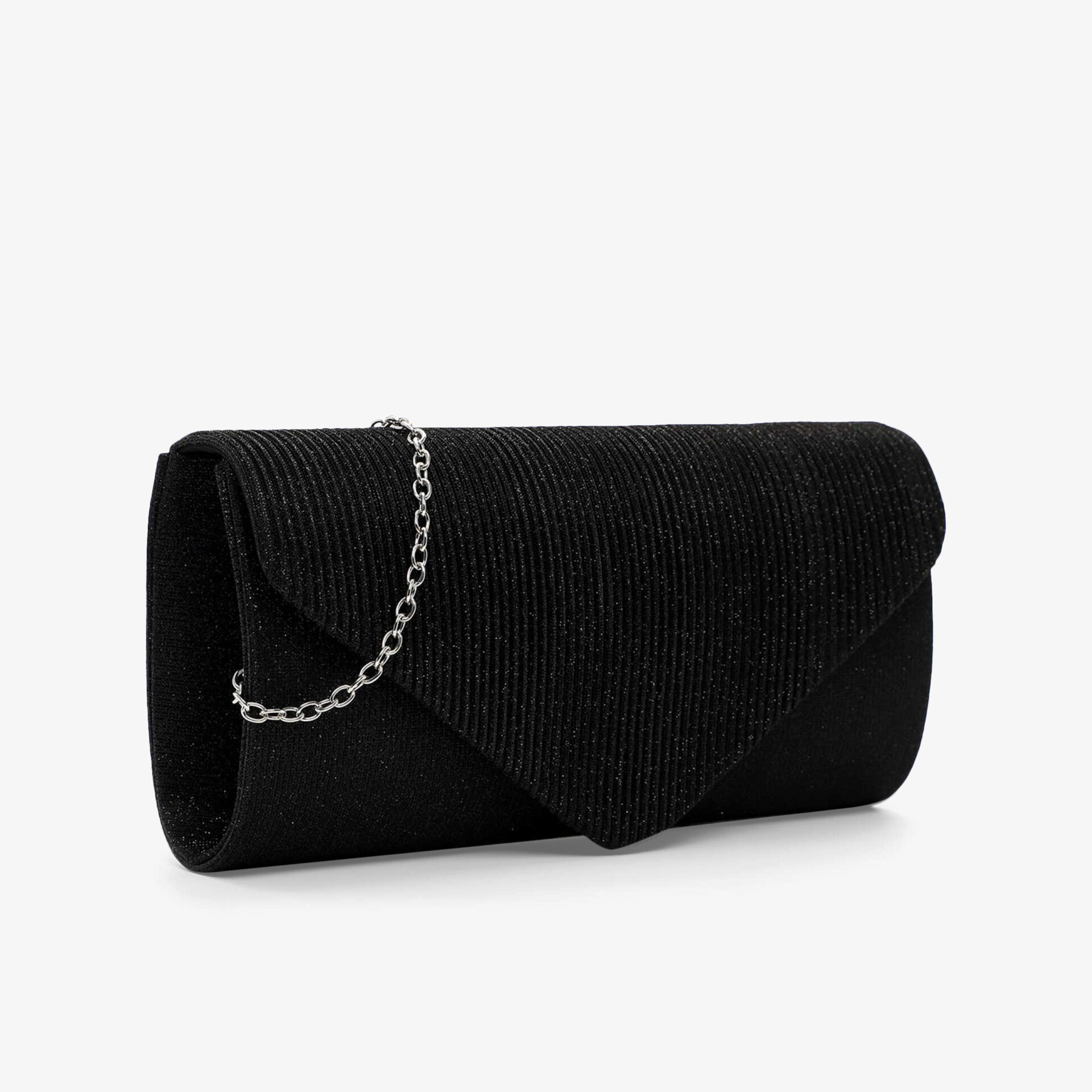 Schwarze elegante Clutch mit strukturiertem Material und silberner Kette, kompakte und stilvolle Abendtasche