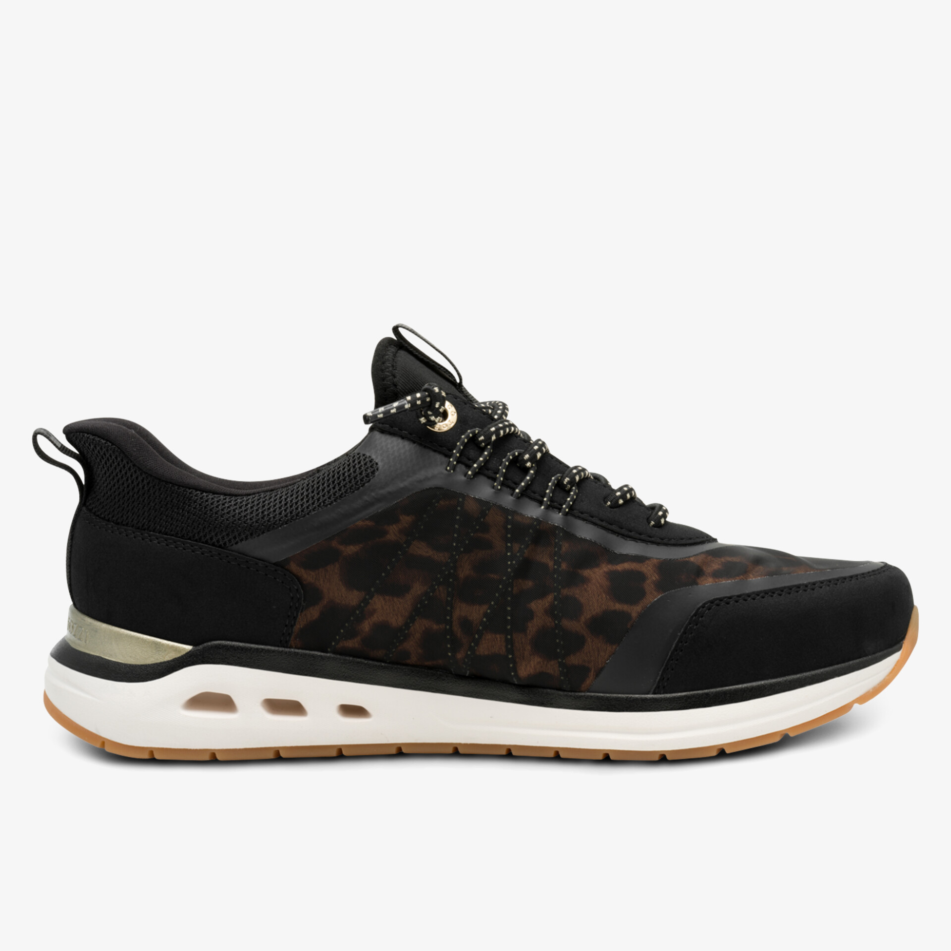 Leichter Sneaker mit Leopardenmuster und flexibler Sohle, komfortabel und modern, seitliche Ansicht