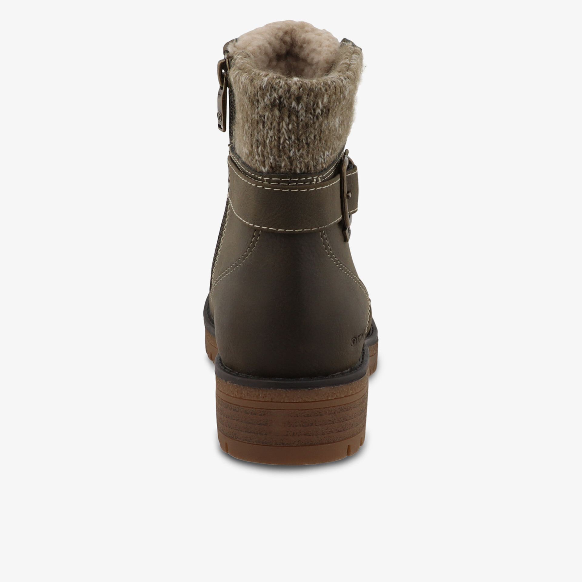 Schuh mit warmem Futterkragen, stabilem Reißverschluss und Schnallenriemen, robuste Sohle, Rückseite sichtbar