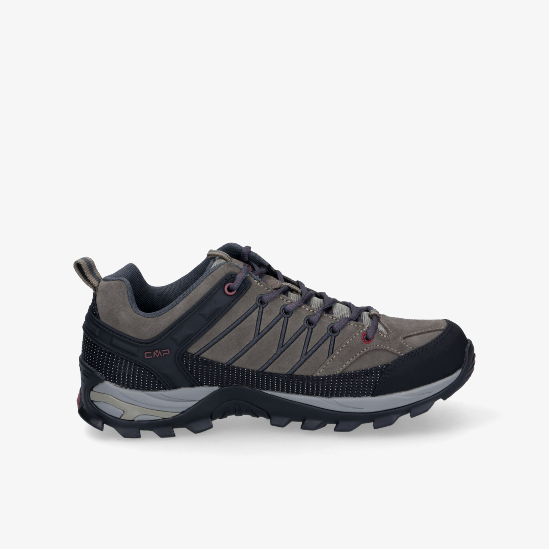 Robuster grauer Trekkingschuh mit profilierter Sohle und gepolstertem Innenfutter, ideal für Outdoor-Aktivitäten.