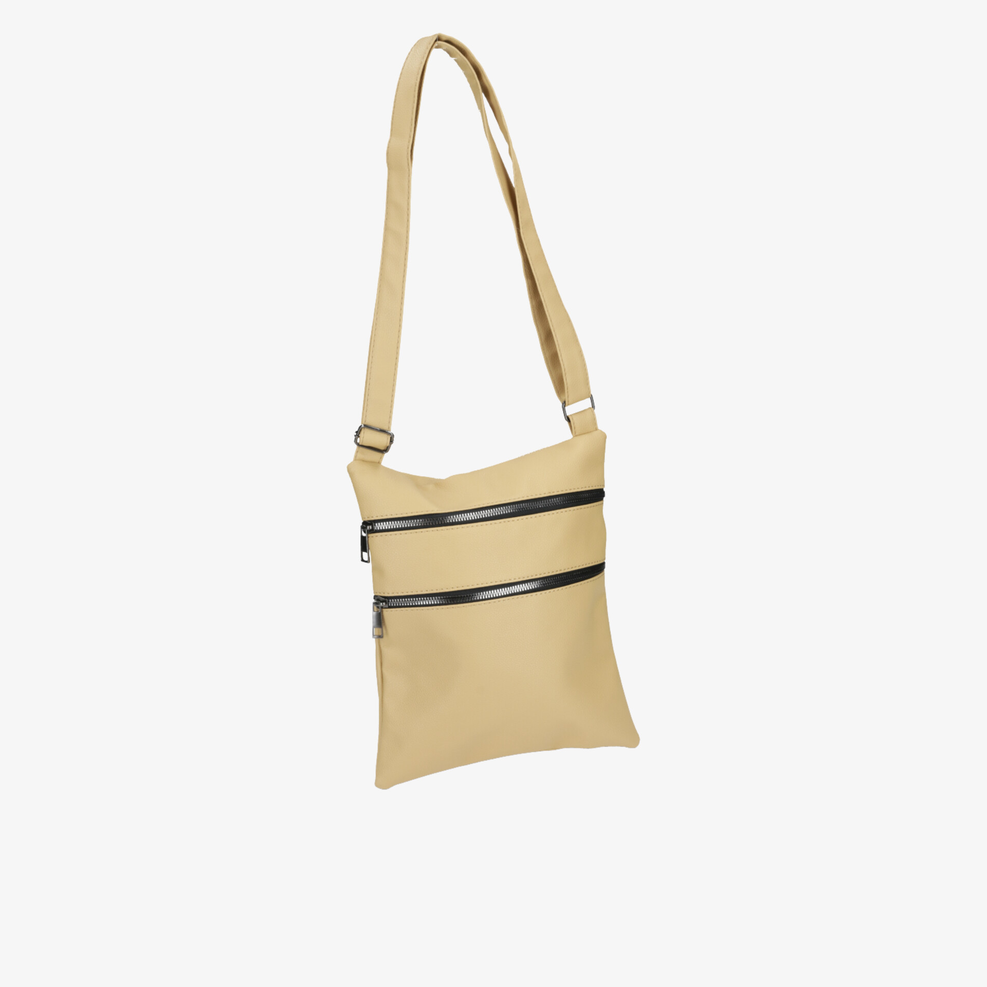 Beige Umhängetasche mit zwei Reißverschlüssen und verstellbarem Riemen, leicht und kompakt für Alltag und Reisen
