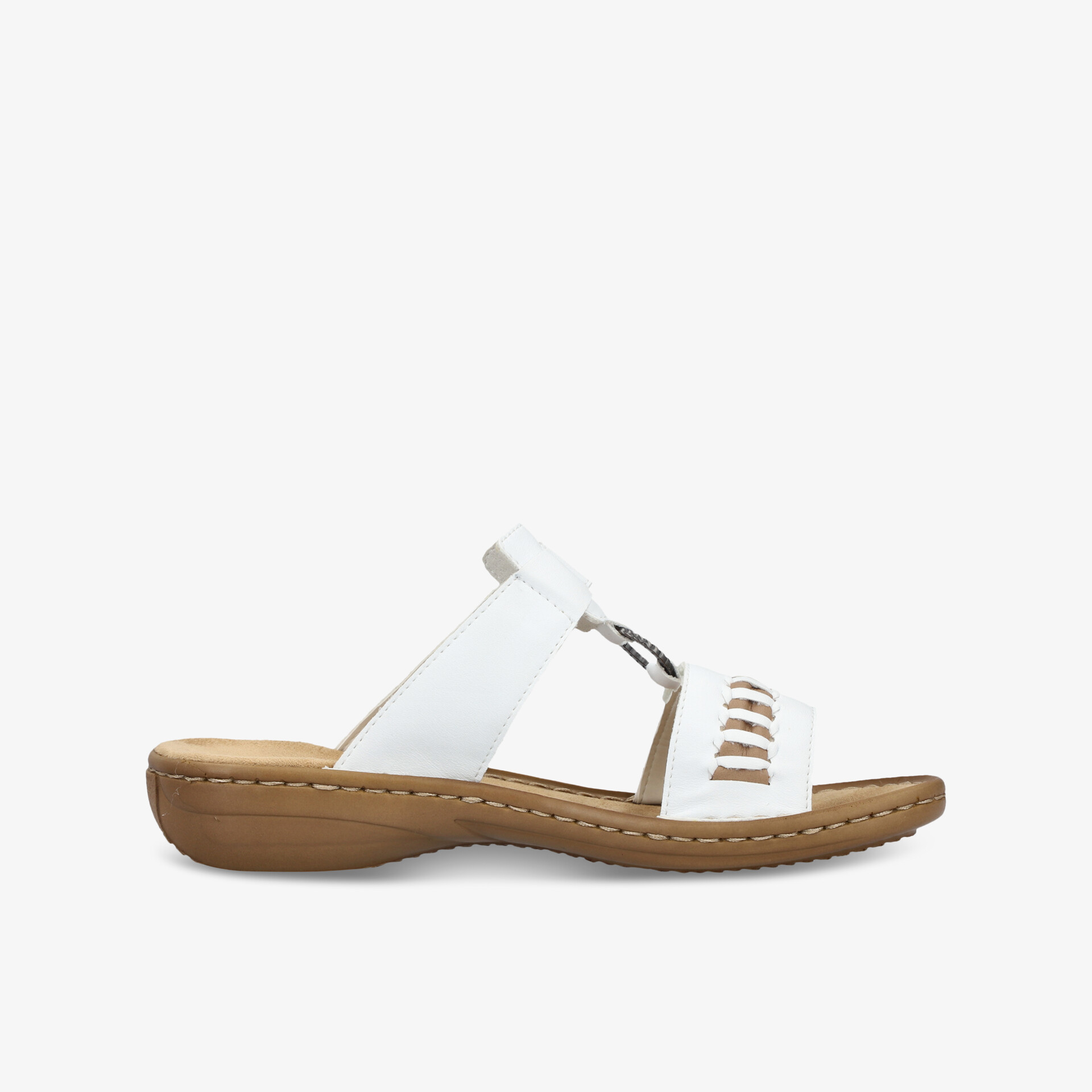 Seitliche Ansicht einer bequemen weißen Sandale mit verstellbarem Riemen und flexibler Sohle