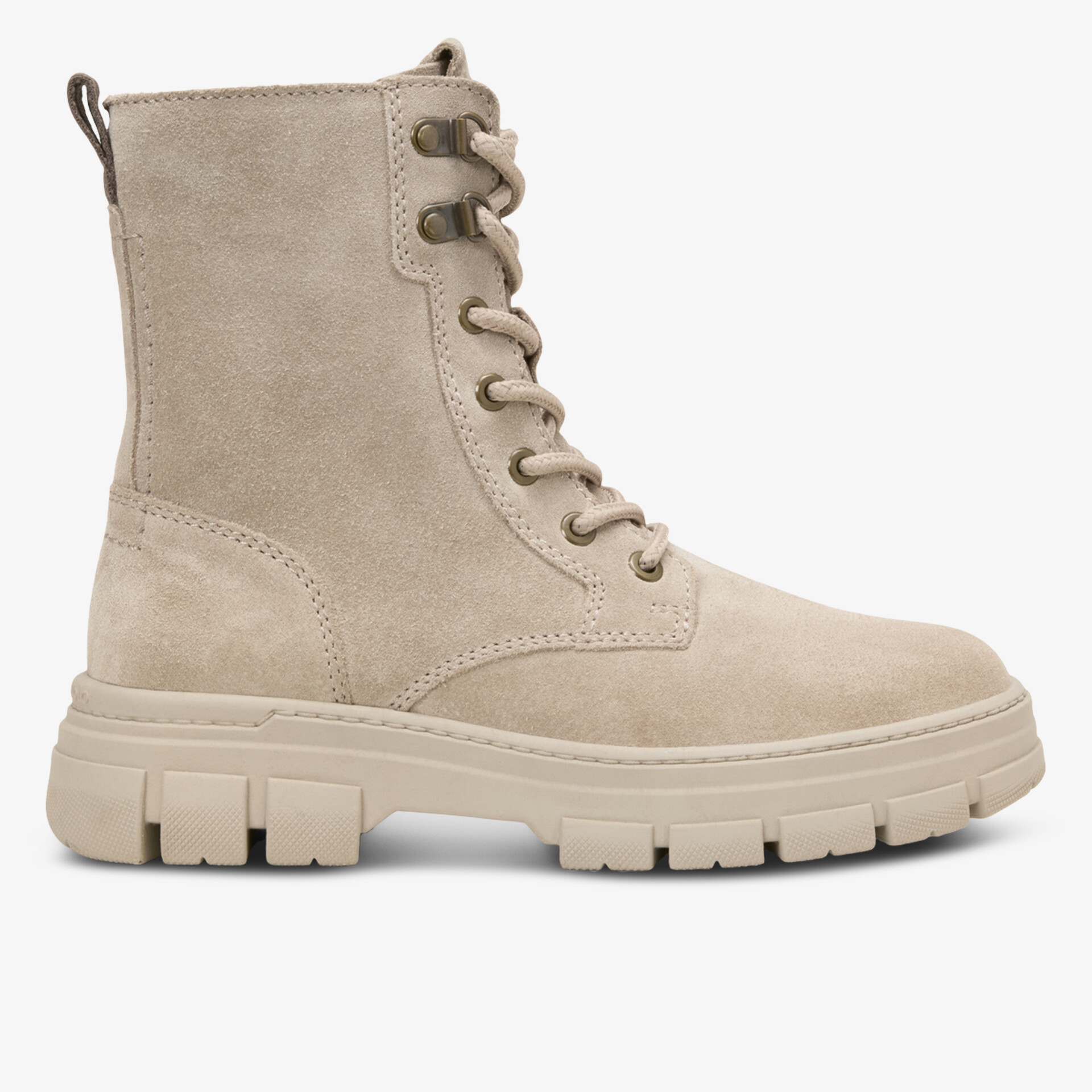 Beiger Schnürstiefel mit robuster Gummisohle und bequemem Tragekomfort, seitliche Ansicht