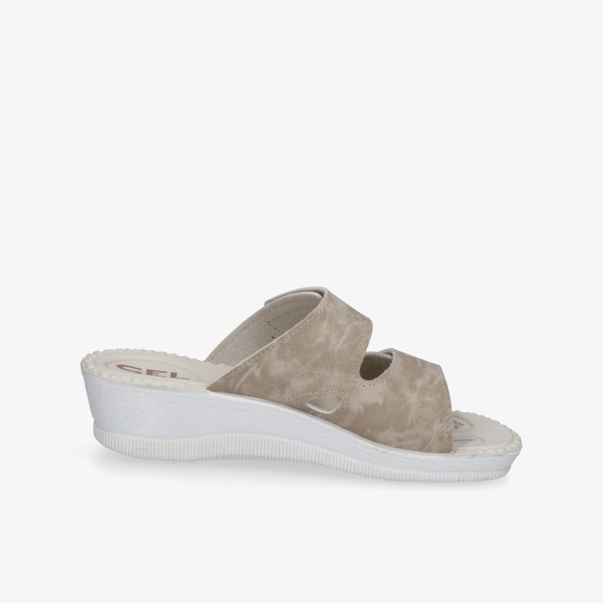 Bequeme beige Pantolette mit weichem Material und stabilem Keilabsatz für angenehmen Tragekomfort