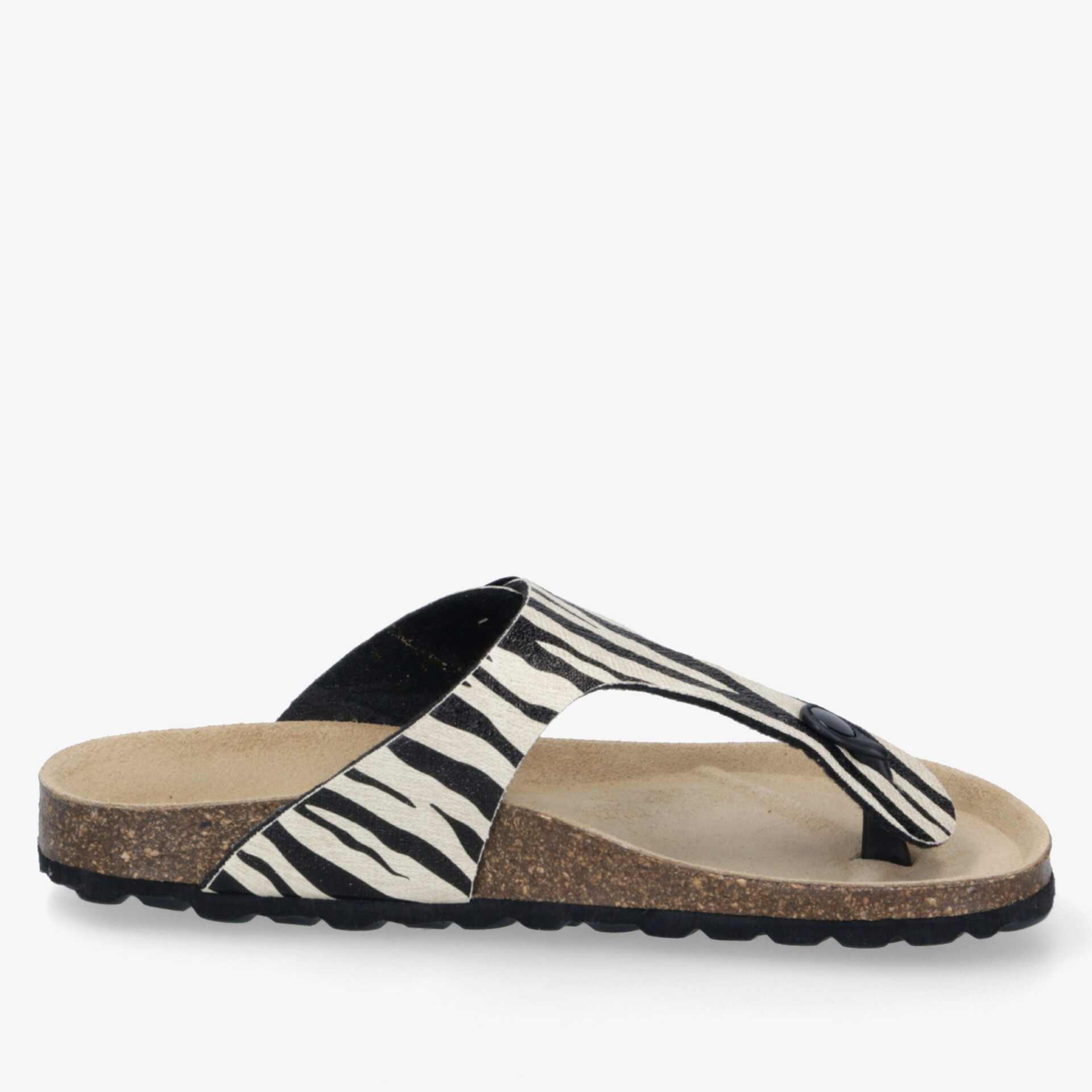 Seitenansicht einer komfortablen Zebra-Print Sandale mit weichem Fußbett und rutschfester Sohle