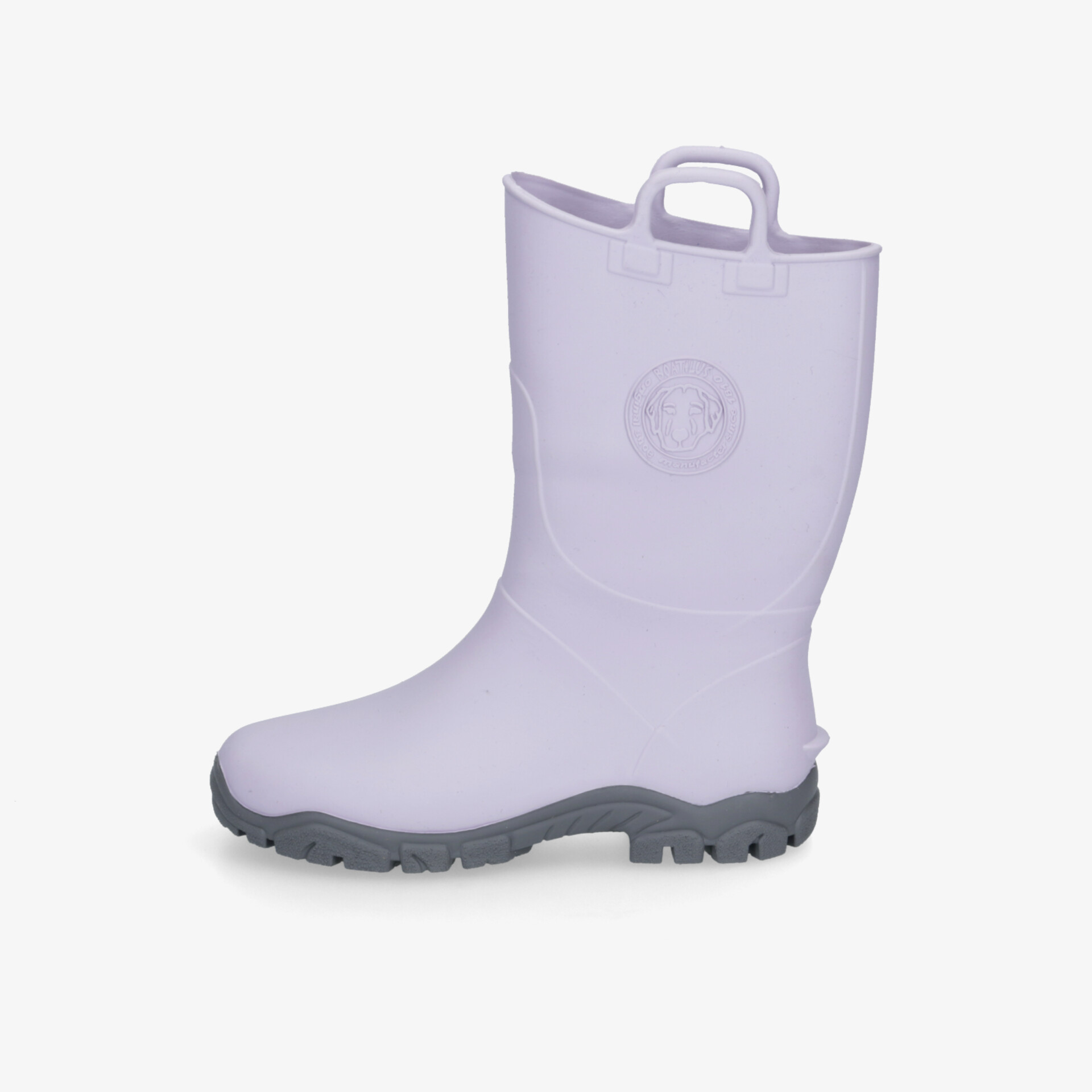 Robuste, wasserdichte lilafarbene Regenstiefel mit rutschfester Sohle und seitlichen Griffen.