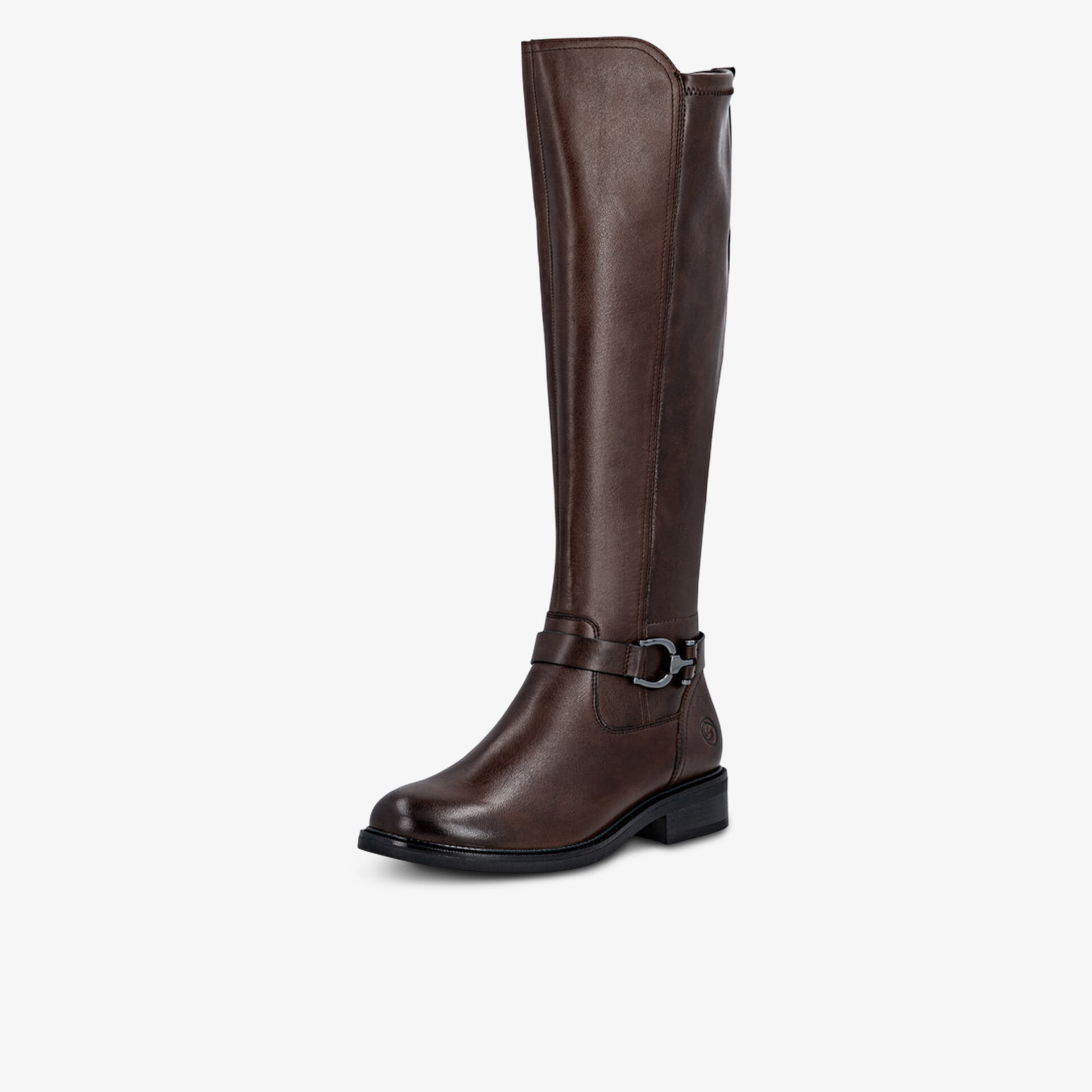Eleganter kniehoher Stiefel aus braunem Leder mit Reißverschluss und modischem Schnallenakzent