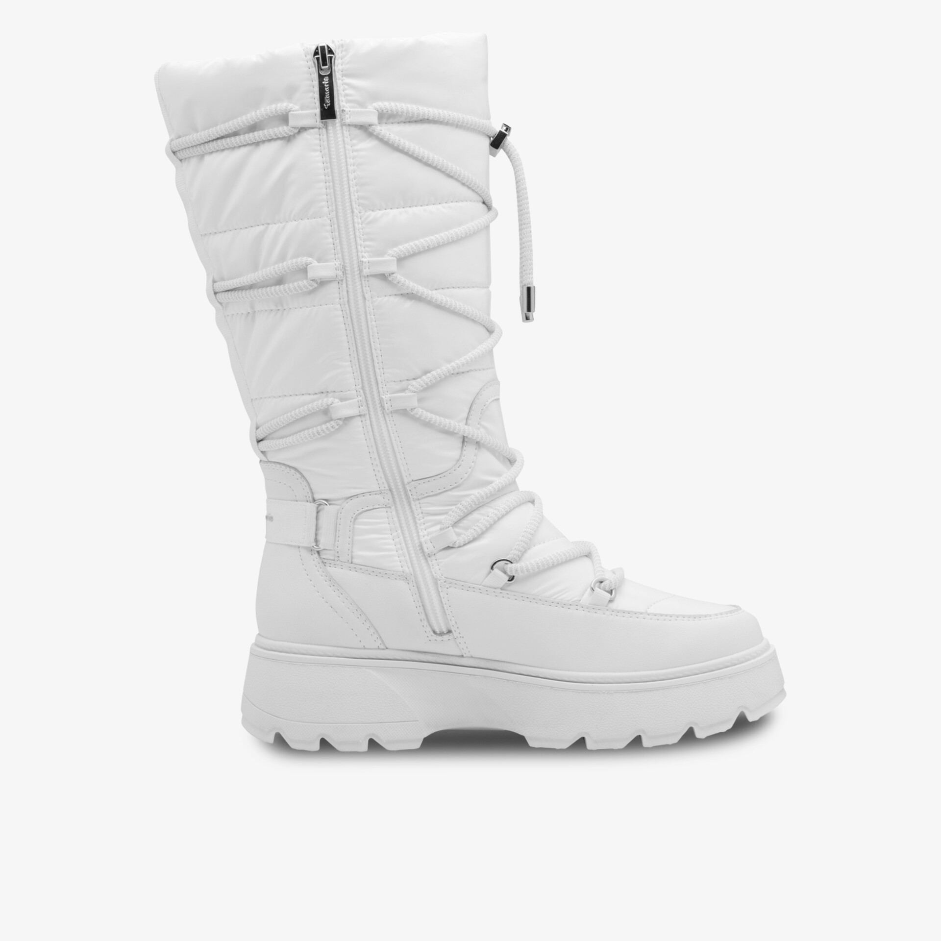 Weißer Winterstiefel mit hohem Schaft, praktischem Reißverschluss und robuster Profilsohle für kalte Tage