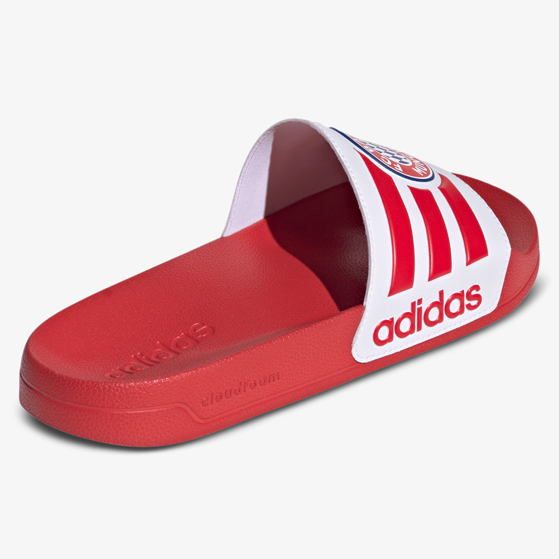 Rote Adidas Pantolette mit weißem Riemen und Logo, bequem und sportlich, perfekt für Freizeit und Bad